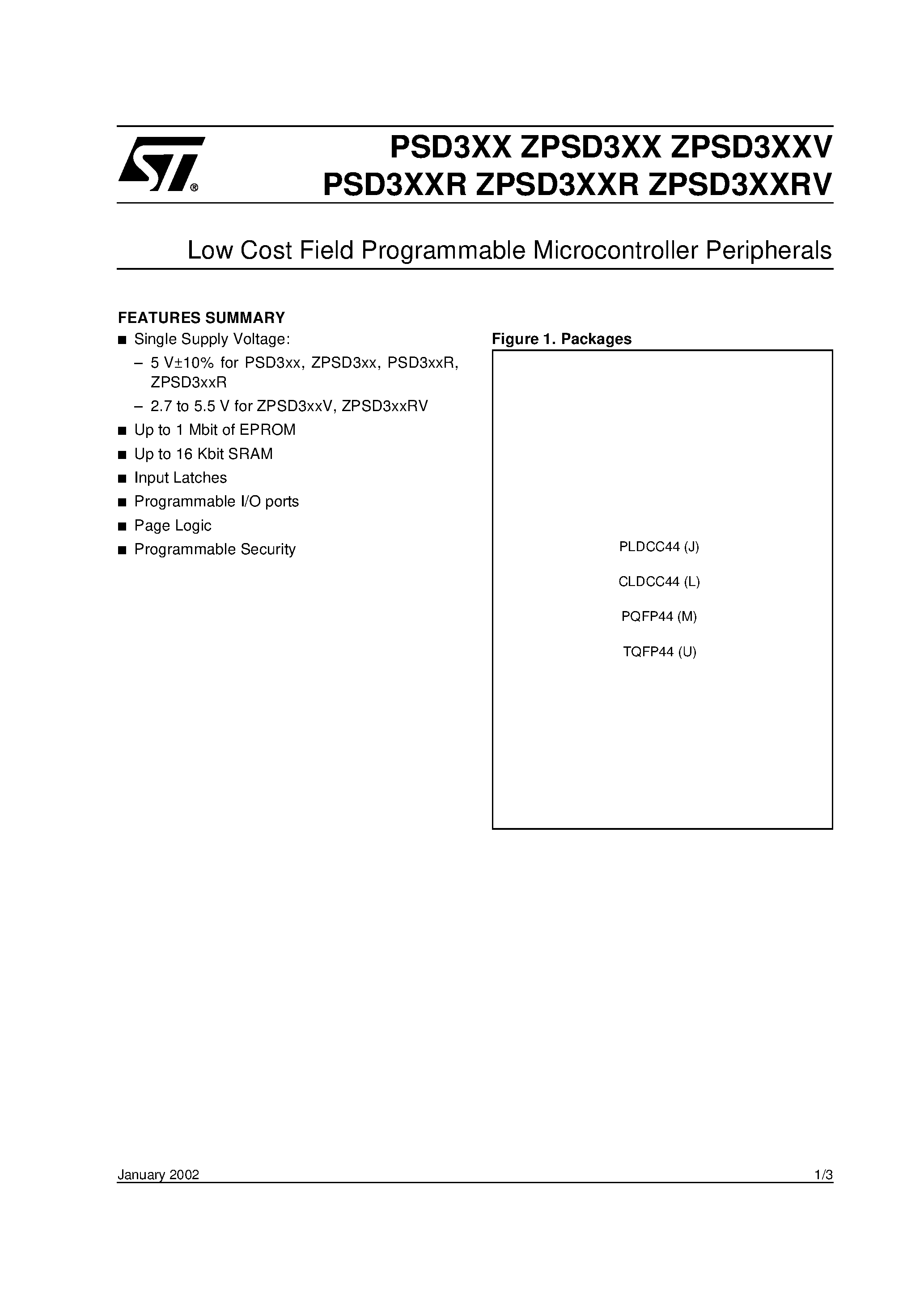 Datasheet PSD312-B-70U page 1 Datasheet PSD312-B-70U - Low Cost Field Programmable Microcontroller Peripherals page 1