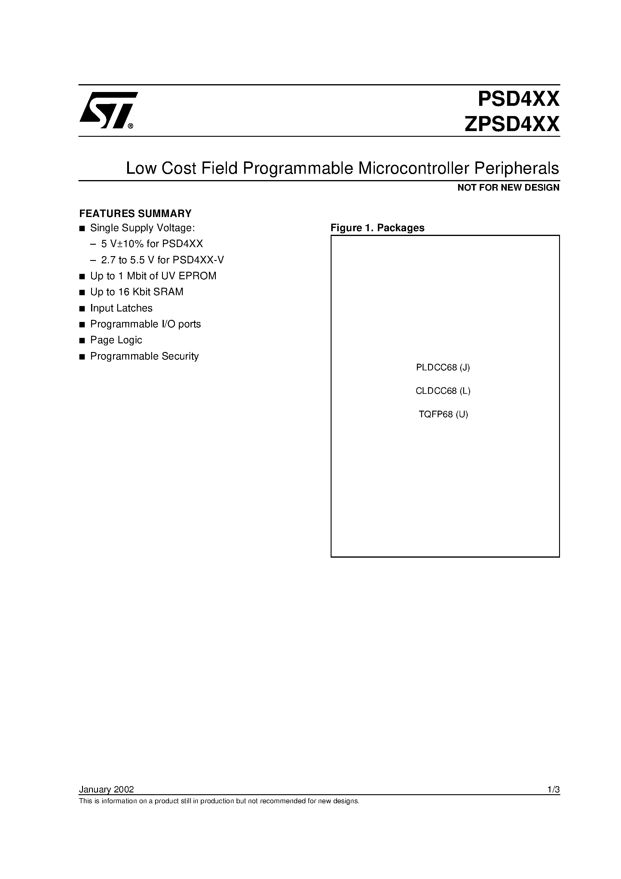 Даташит PSD411A2-C-15U - Low Cost Field Programmable Microcontroller Peripherals страница 1