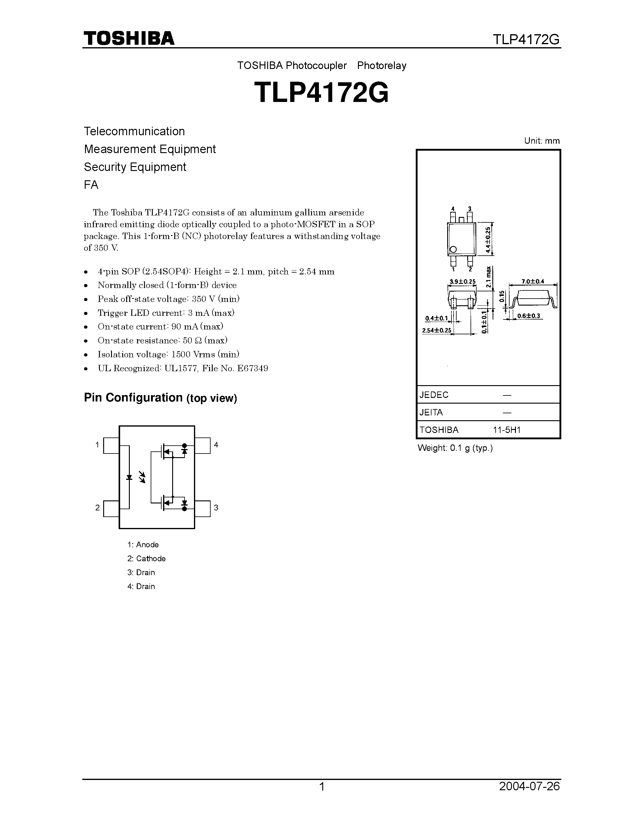 Datasheet TLP4172G - Photocoupler Photorelay page 1