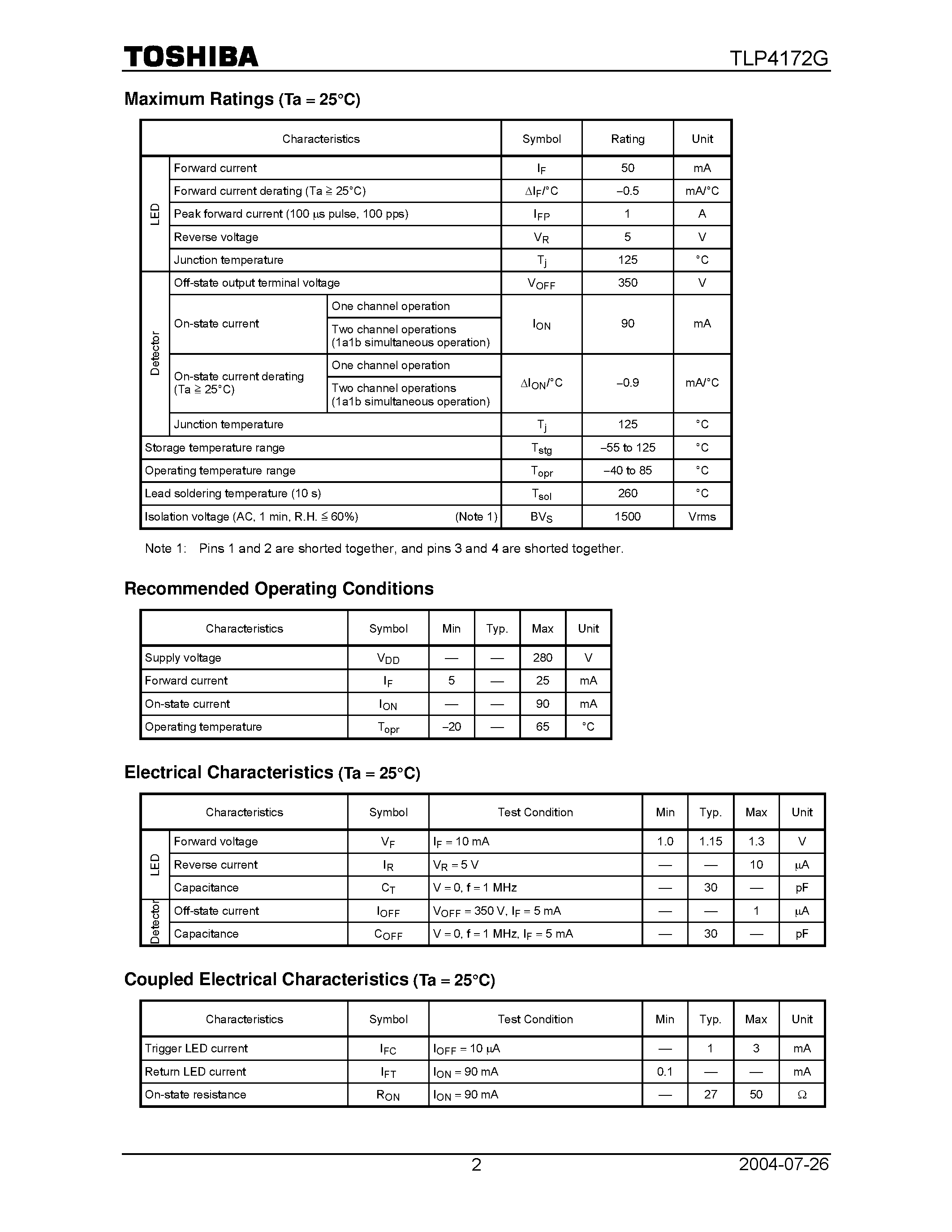 Datasheet TLP4172G - Photocoupler Photorelay page 2