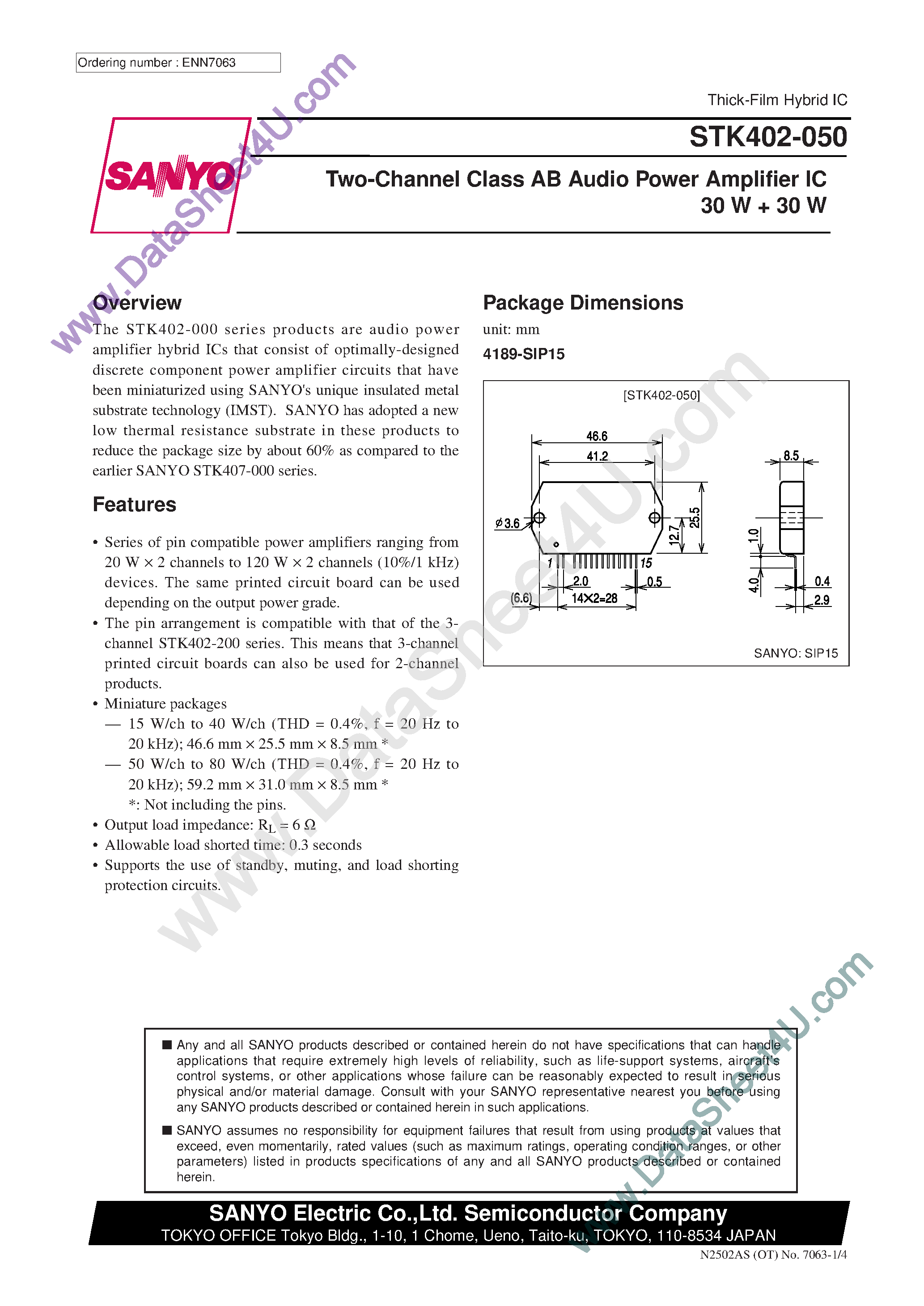Datasheet STK402-050 page 1 Datasheet STK402-050 - Two-Channel Class AB Audio Power Amplifier IC 20 W + 20 W page 1