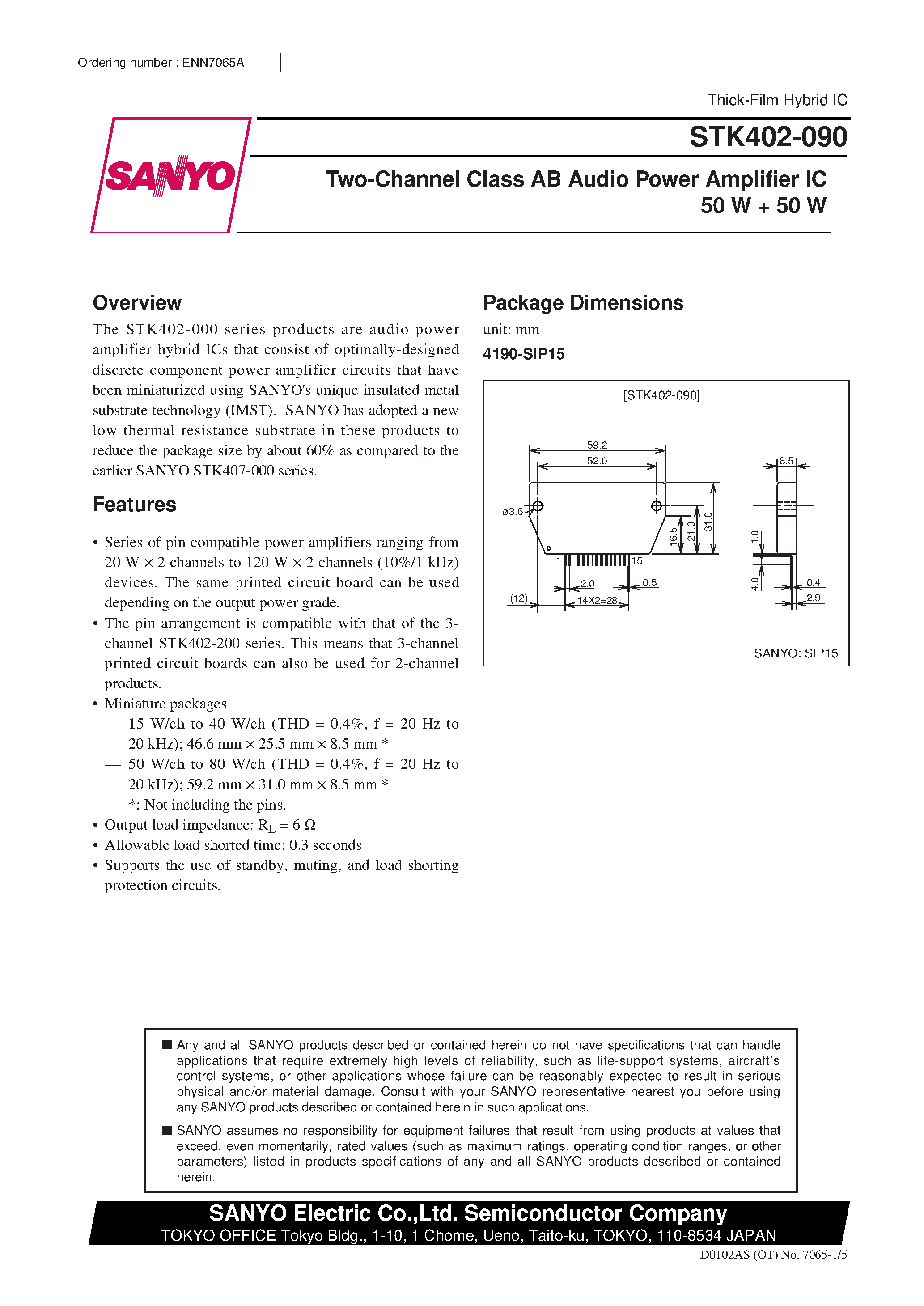 Datasheet STK402-090 page 1 Datasheet STK402-090 - Two-Channel Class AB Audio Power Amplifier IC 50 W + 50 W page 1