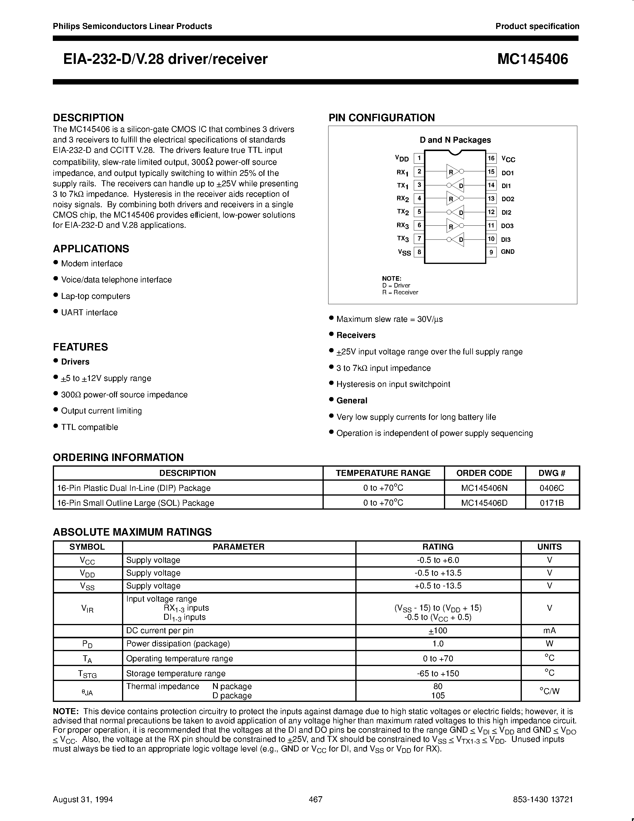 Даташит MC145406 - EIA-232-D/V.28 driver/receiver страница 1