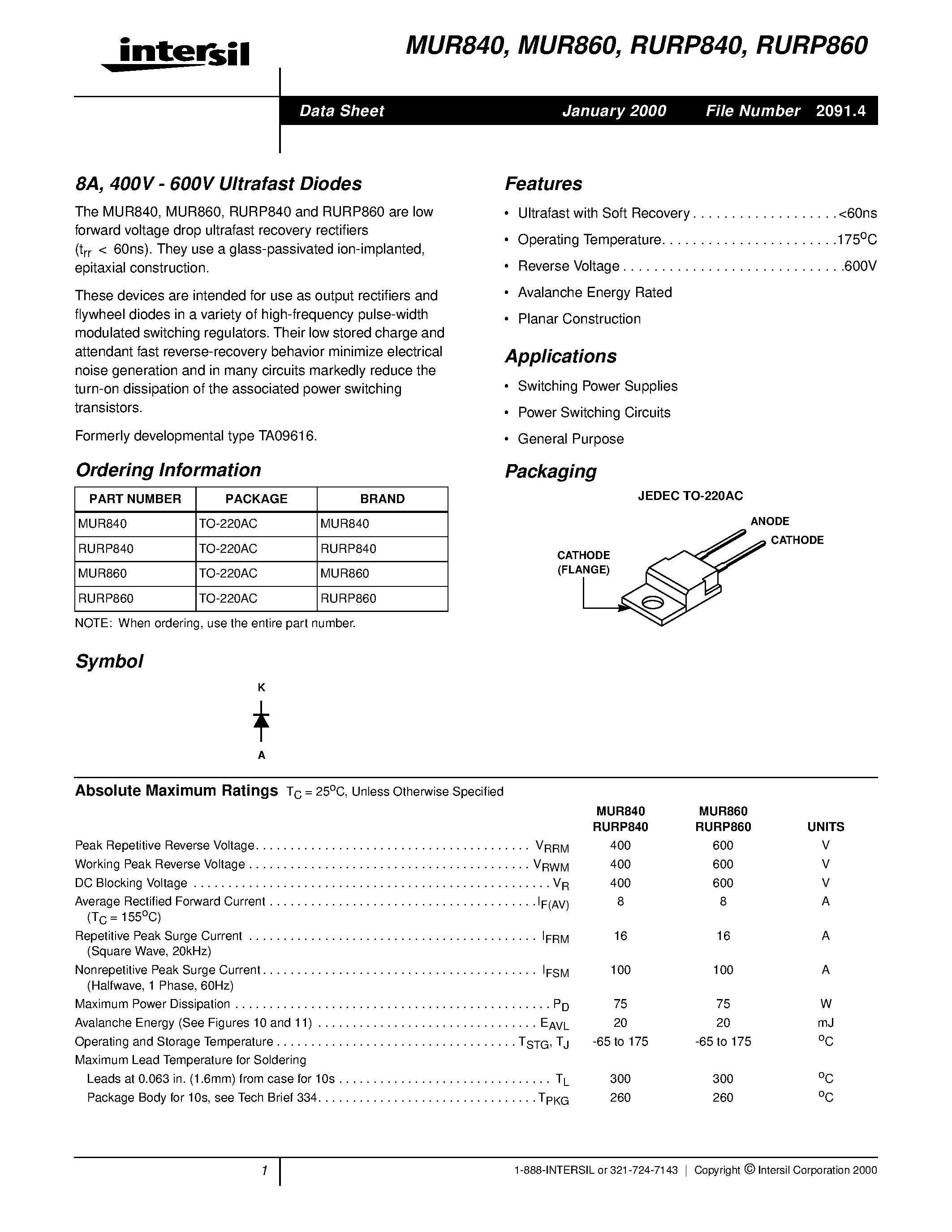 Даташит на микросхему MUR860 страница 1 Даташит MUR860 - 8A / 400V - 600V Ultrafast Diodes страница 1