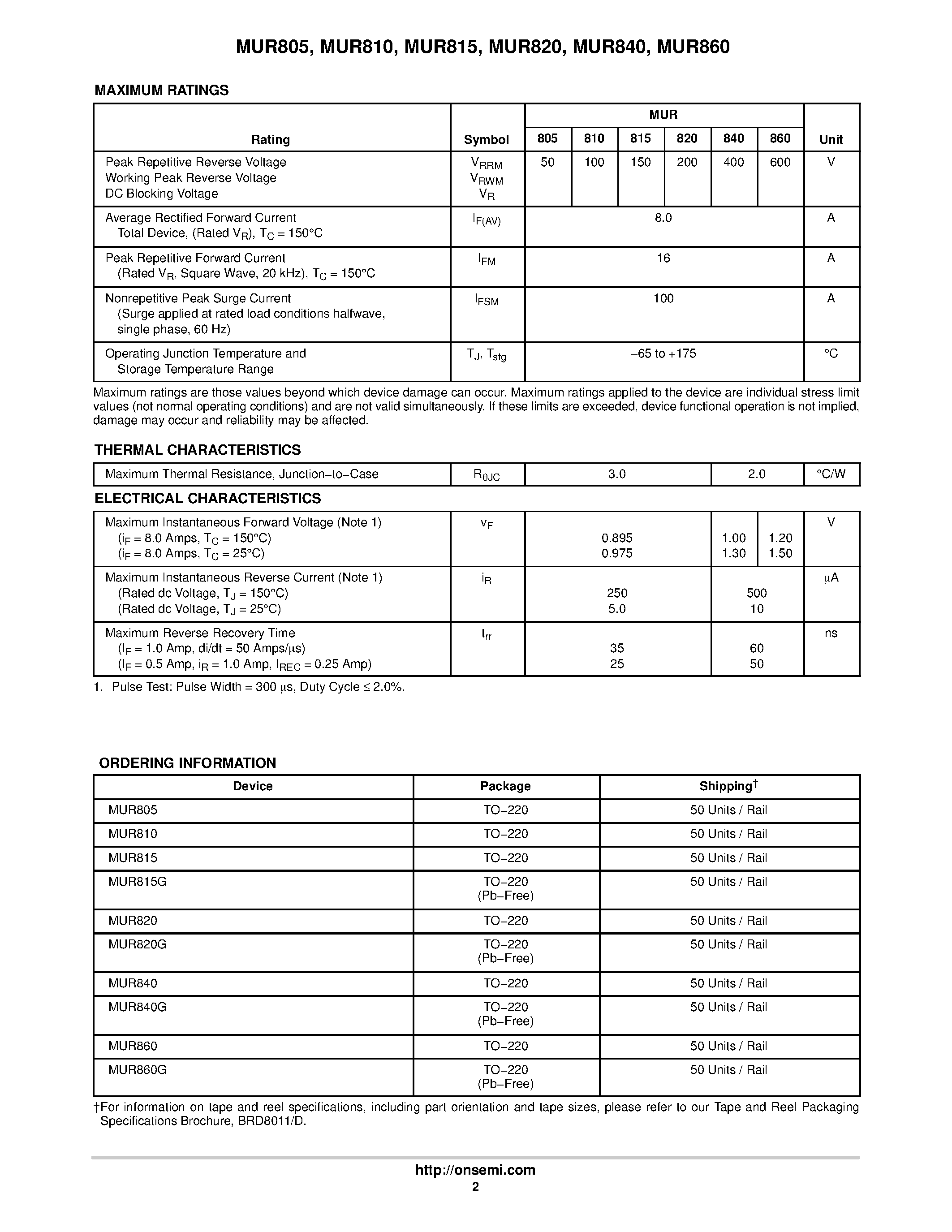 Datasheet MUR860 page 2 Datasheet MUR860 - SWITCHMODE Power Rectifiers page 2
