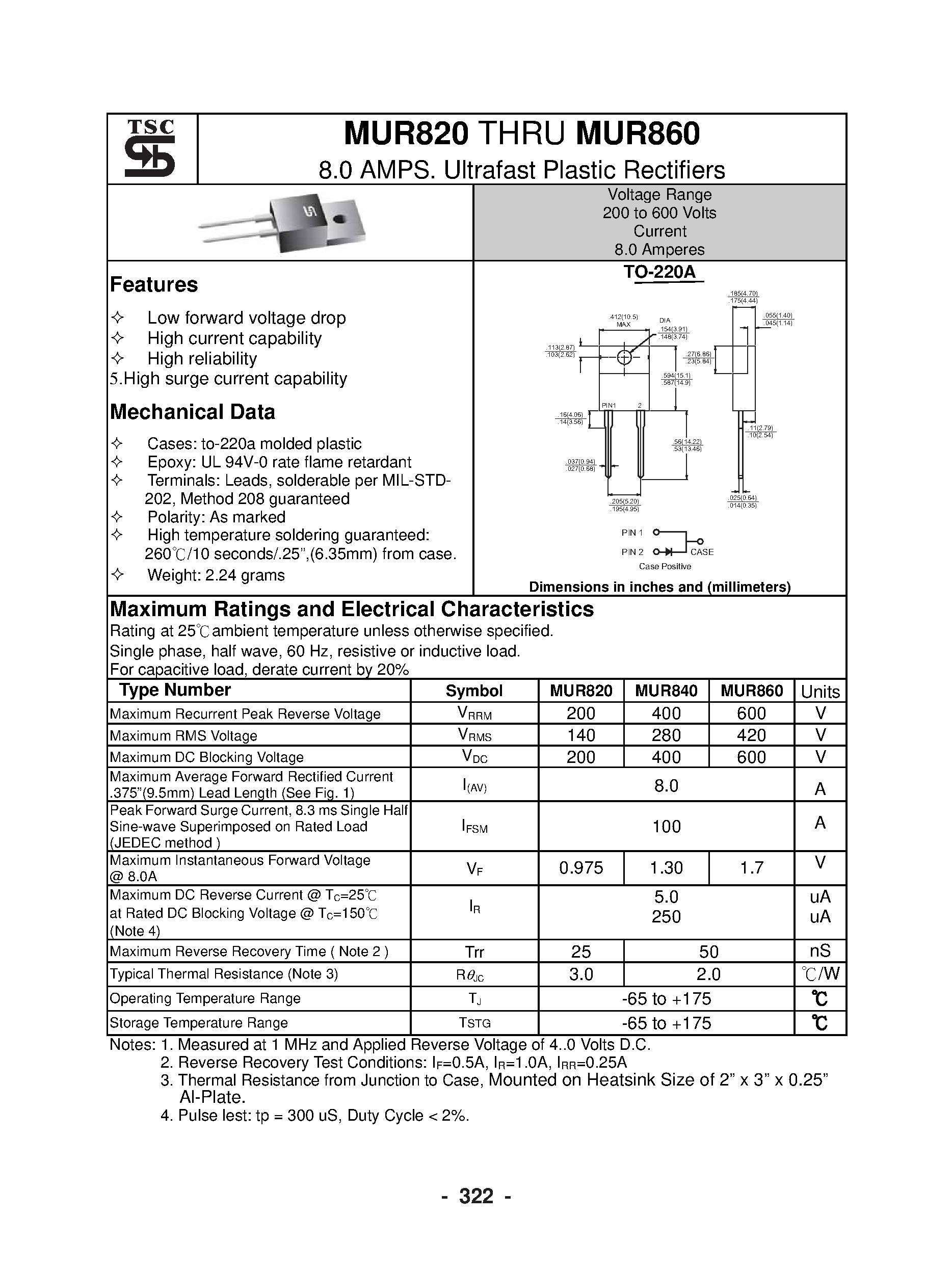 Datasheet MUR860 page 1 Datasheet MUR860 - 8 AMPS / Ultrafast Plastic Rectifiers page 1
