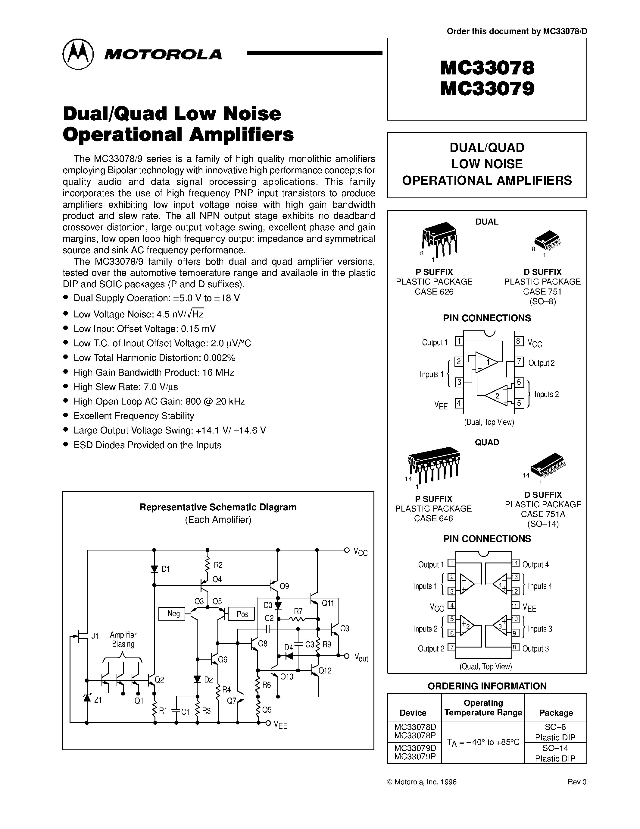 Даташит на микросхему MC33078 страница 1 Даташит MC33078 - DUAL/QUAD LOW NOISE OPERATIONAL AMPLIFIERS страница 1