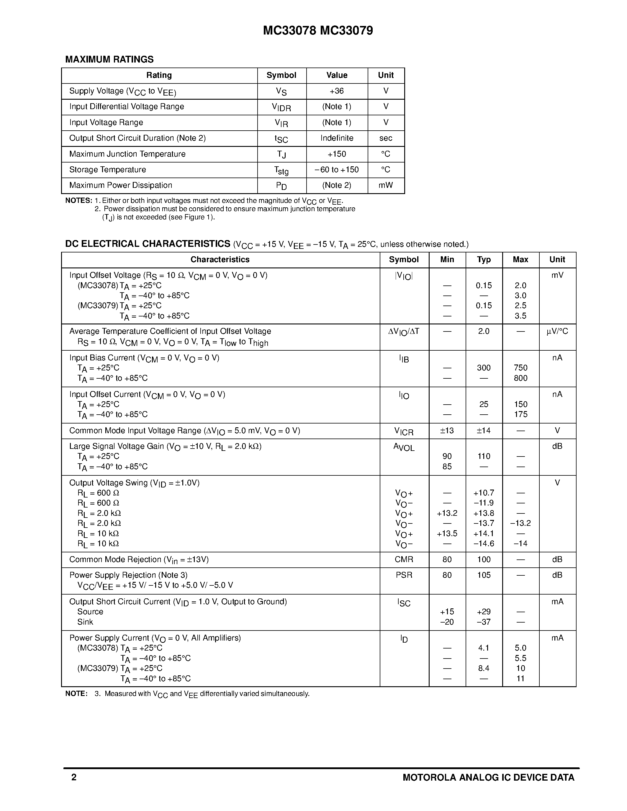 Даташит на микросхему MC33078 страница 2 Даташит MC33078 - DUAL/QUAD LOW NOISE OPERATIONAL AMPLIFIERS страница 2
