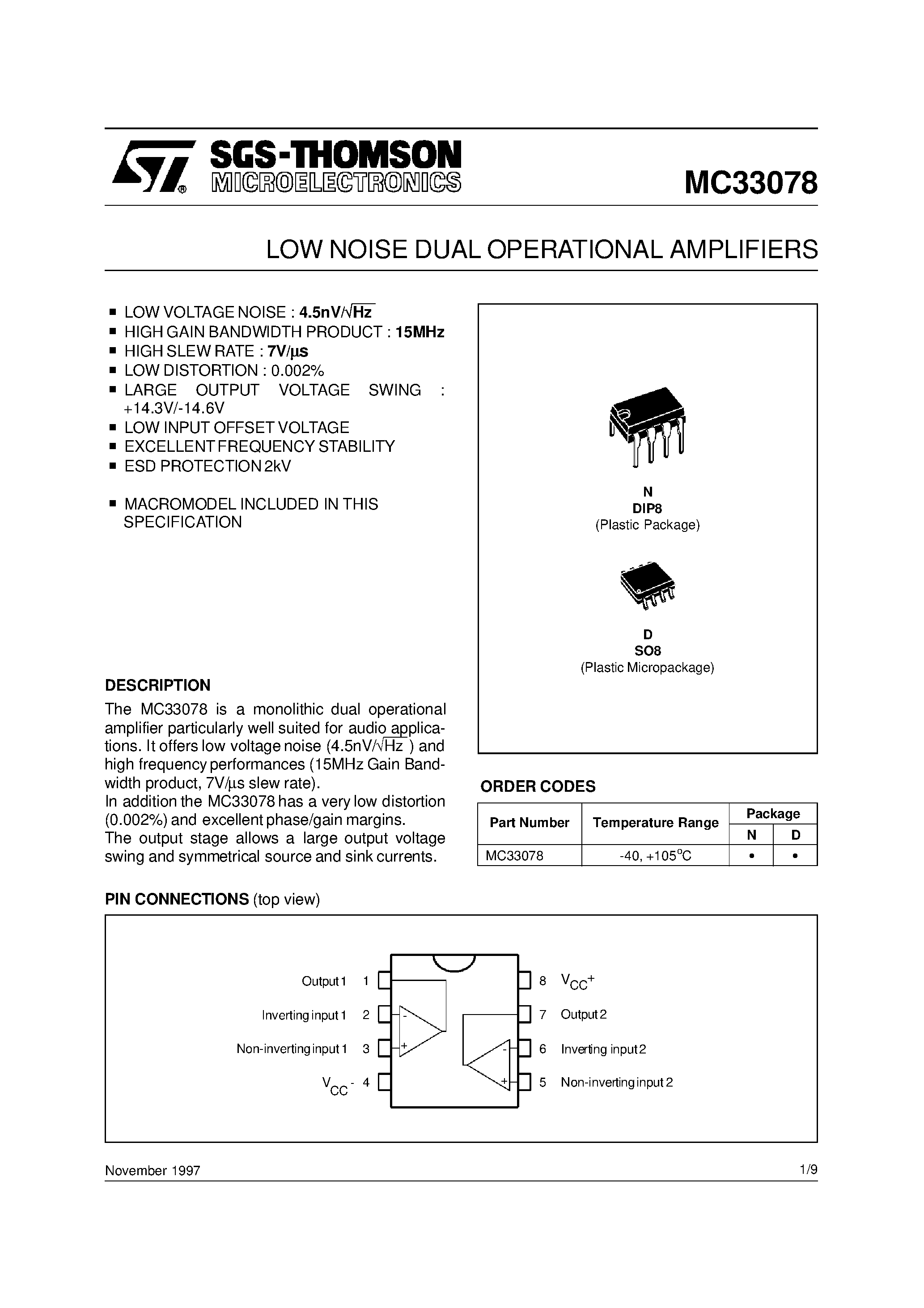 Даташит на микросхему MC33078 страница 1 Даташит MC33078 - LOW NOISE DUAL OPERATIONAL AMPLIFIERS страница 1