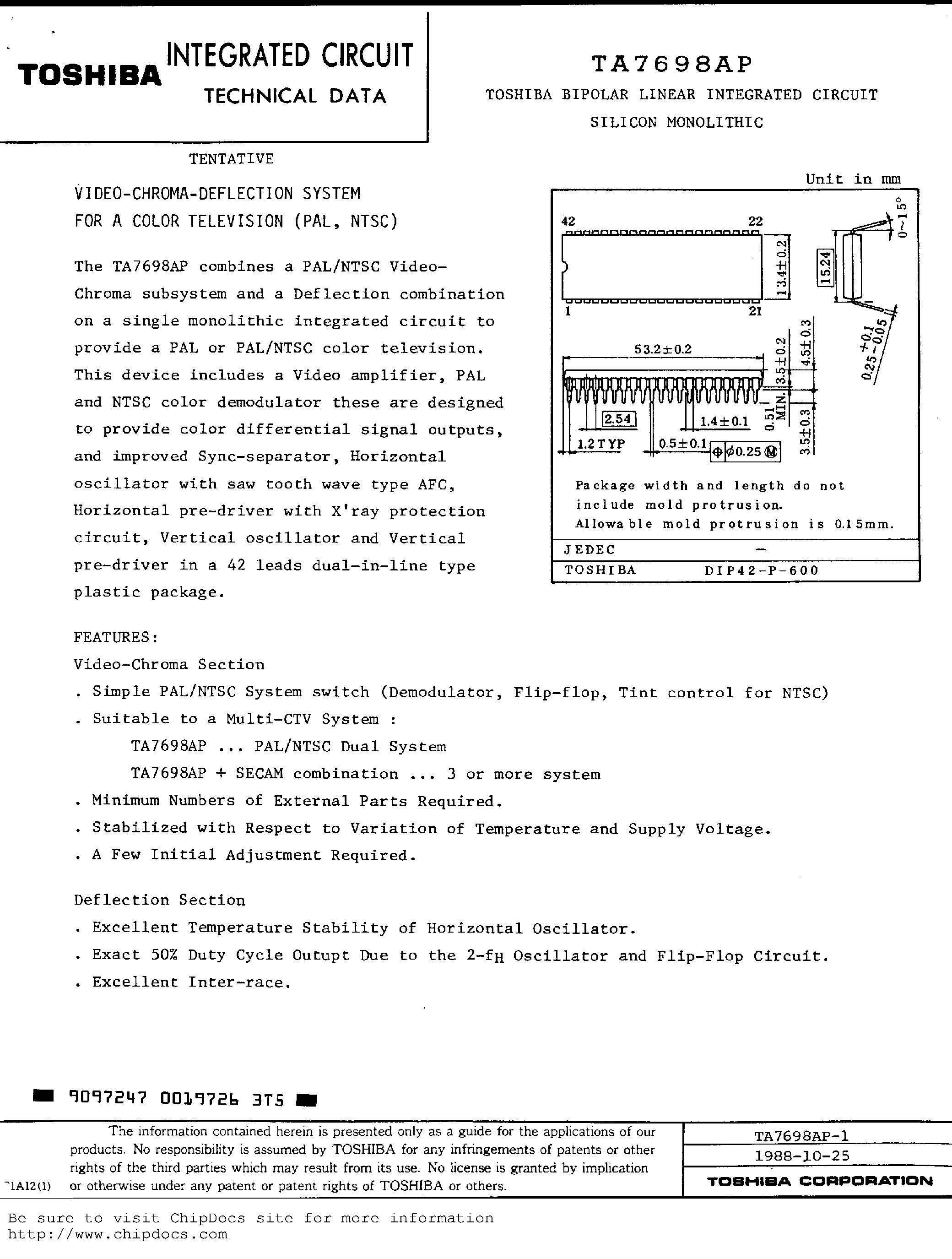 Datasheet TA7698AP - VIDEO-CHROMA-DEFLECTION SYSTEM FOR A COLOR TELEVISION page 1