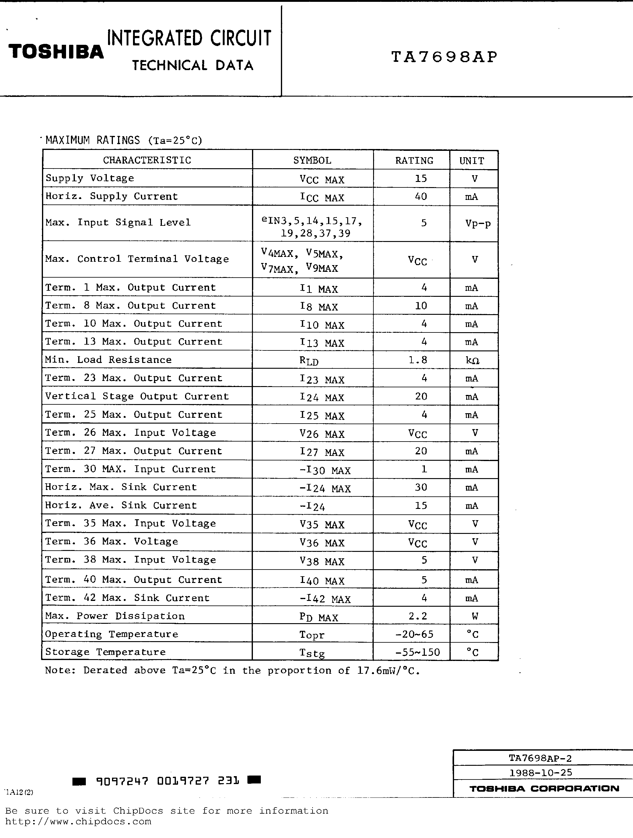 Datasheet TA7698AP - VIDEO-CHROMA-DEFLECTION SYSTEM FOR A COLOR TELEVISION page 2