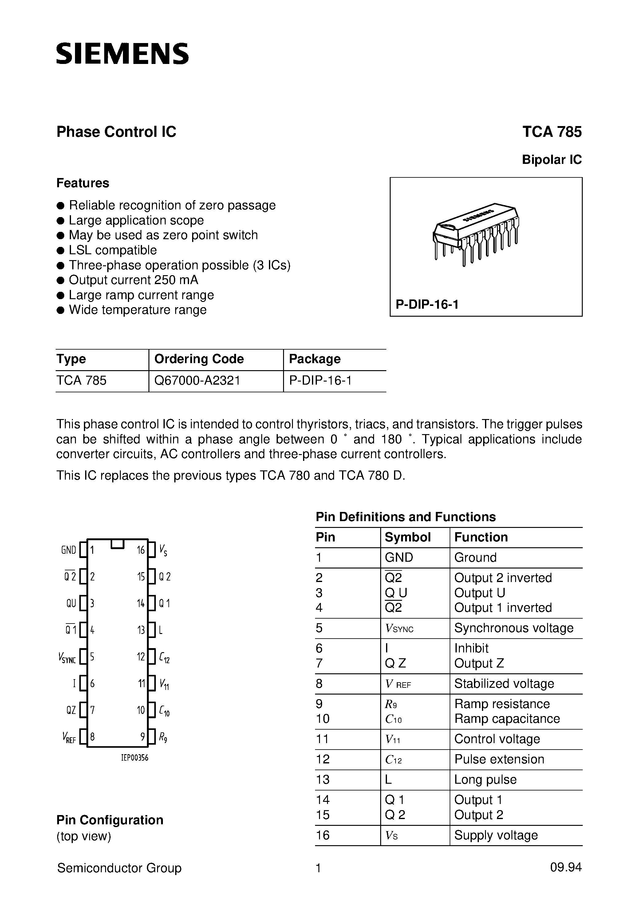 Даташит TCA785 - Phase Control IC страница 1