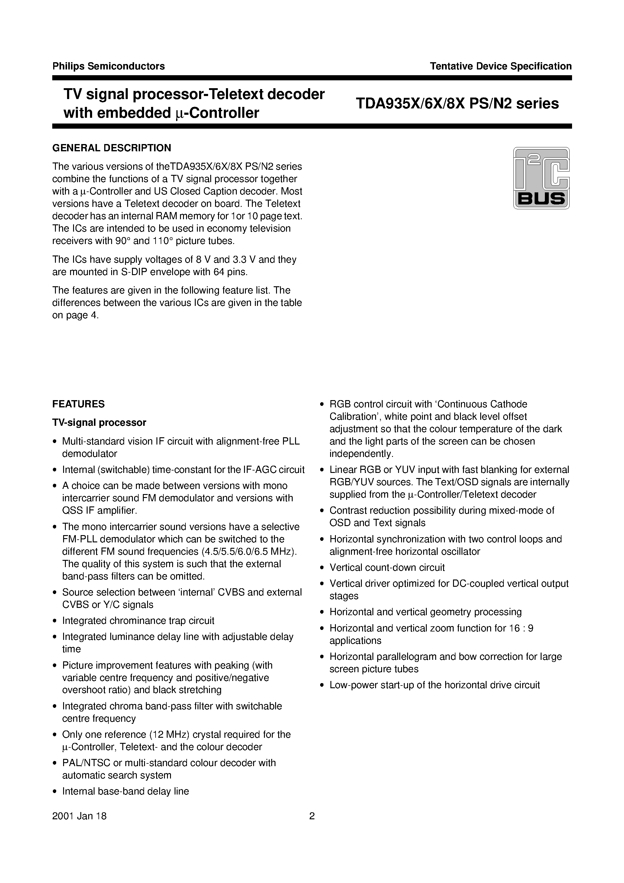 Даташит на микросхему TDA935x страница 2 Даташит TDA935x - TV Signal Processor-Teletext Decoder with Embedded u-Controller страница 2
