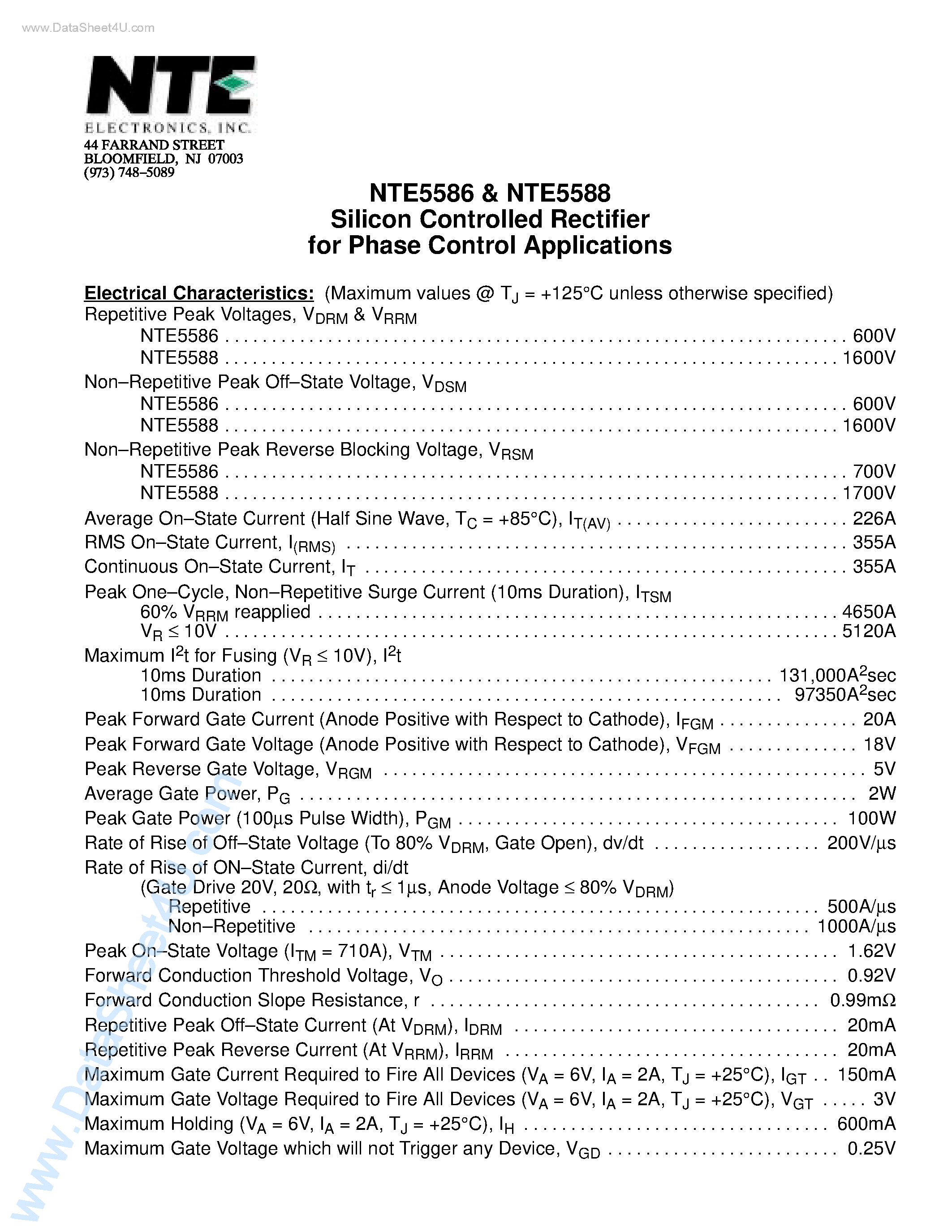 Даташит NTE5586 - Silicon Controlled Rectifier for Phase Control Applications страница 1