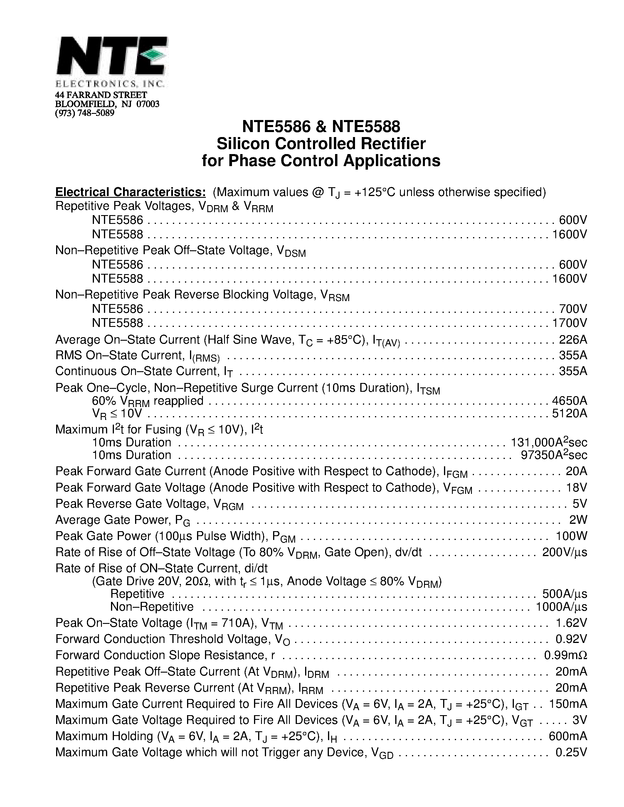 Даташит NTE5588 - Silicon Controlled Rectifier for Phase Control Applications страница 1