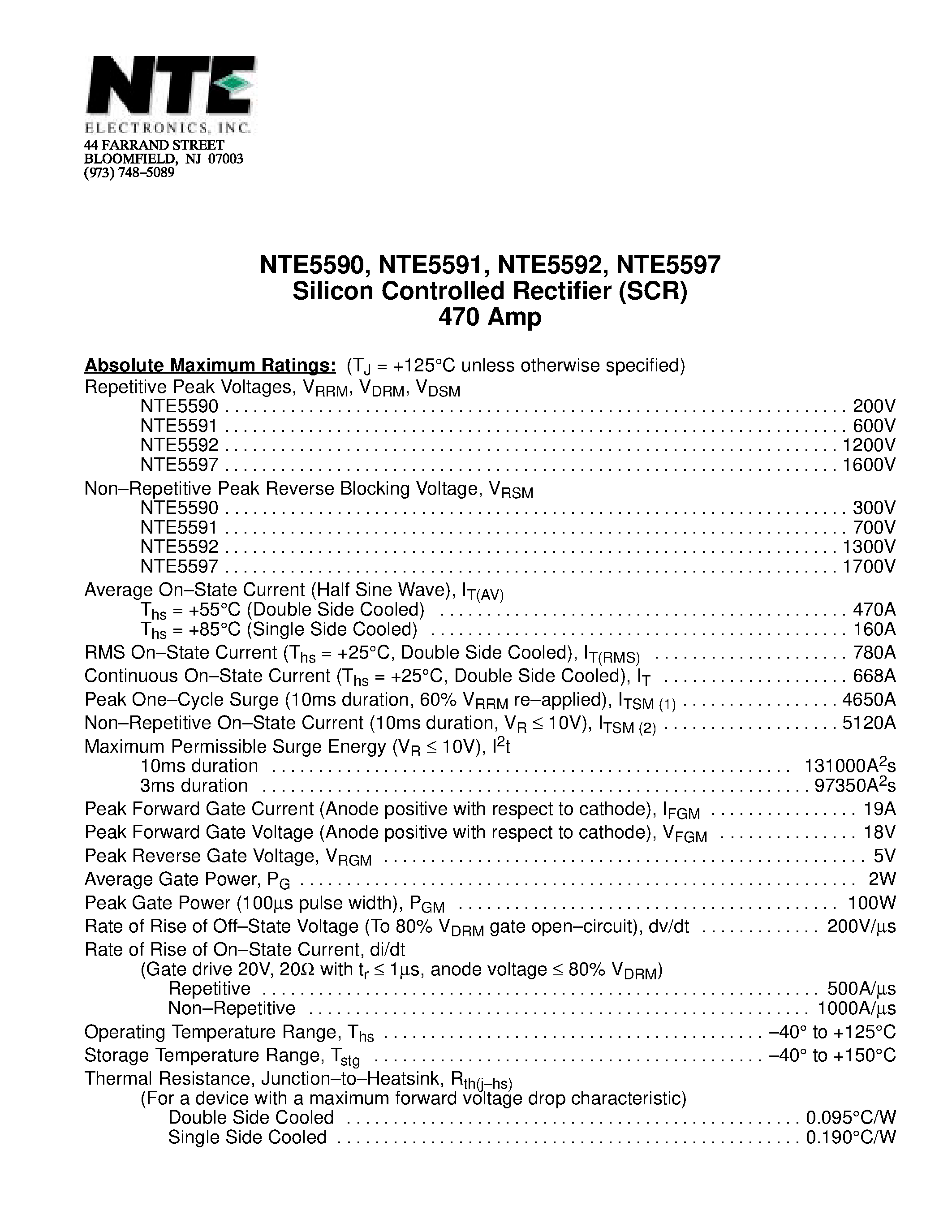 Даташит NTE5590 - Silicon Controlled Rectifier (SCR) 470 Amp страница 1