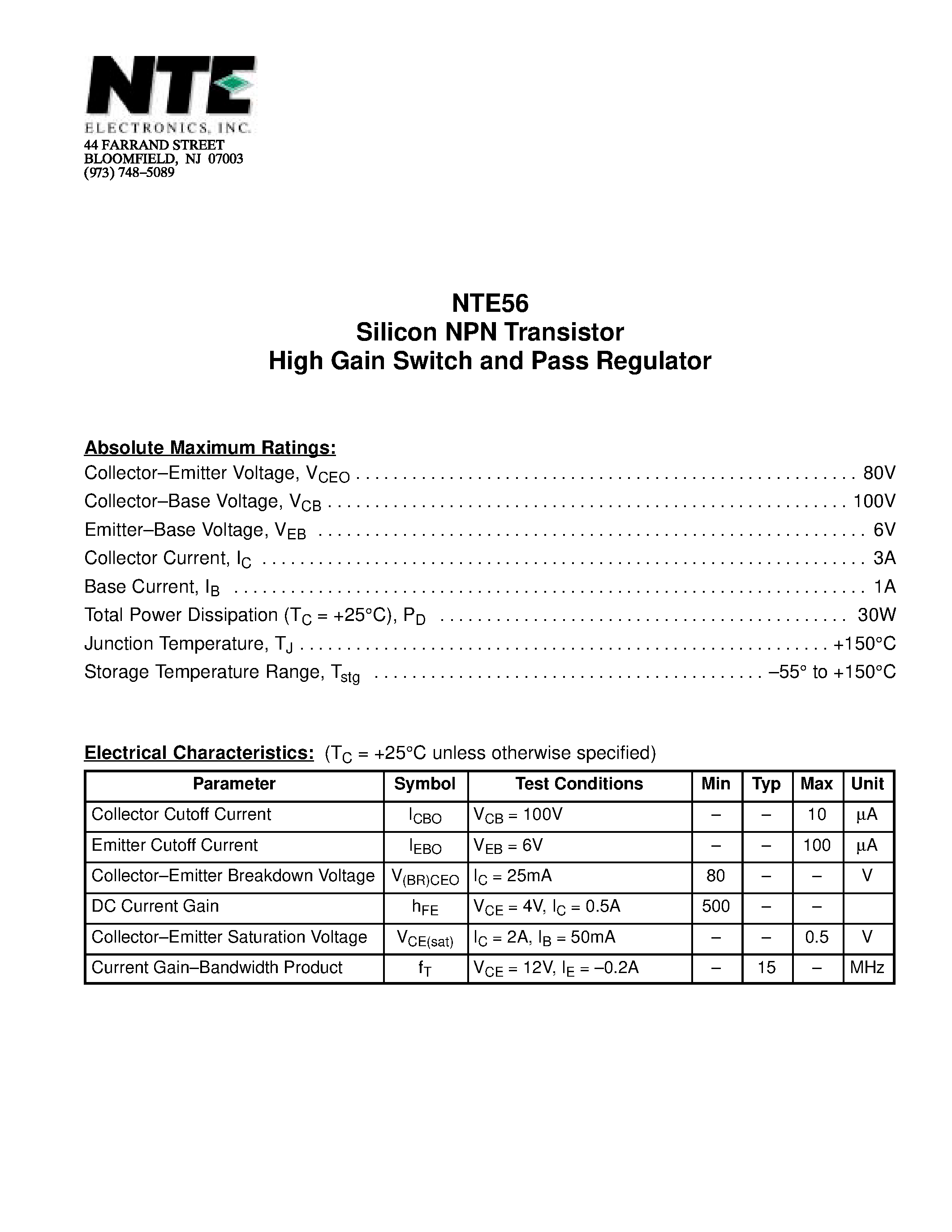 Datasheet NTE56 page 1 Datasheet NTE56 - Silicon NPN Transistor High Gain Switch and Pass Regulator page 1