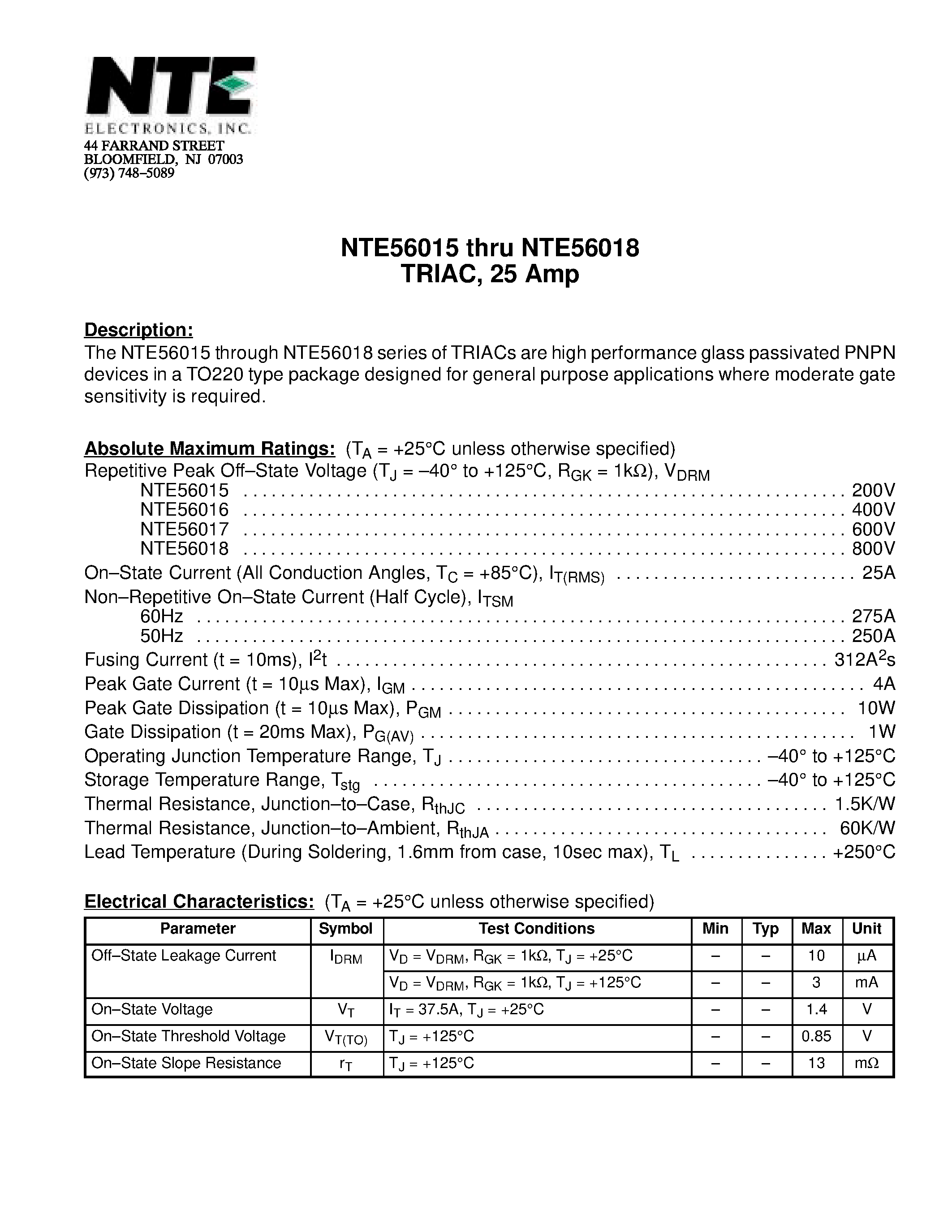 Datasheet NTE56015 page 1 Datasheet NTE56015 - TRIAC / 25 Amp page 1