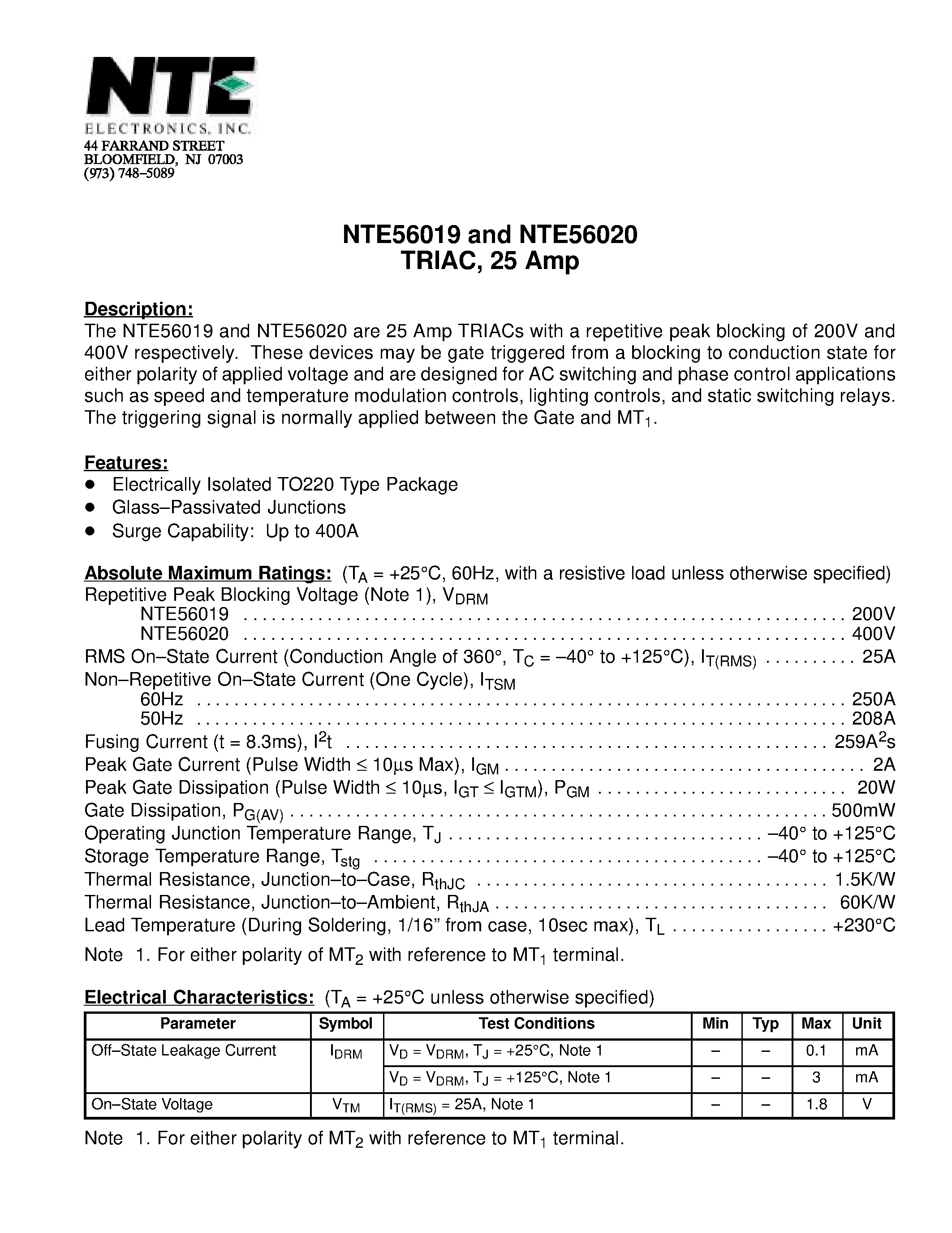 Datasheet NTE56020 page 1 Datasheet NTE56020 - TRIAC / 25 Amp page 1
