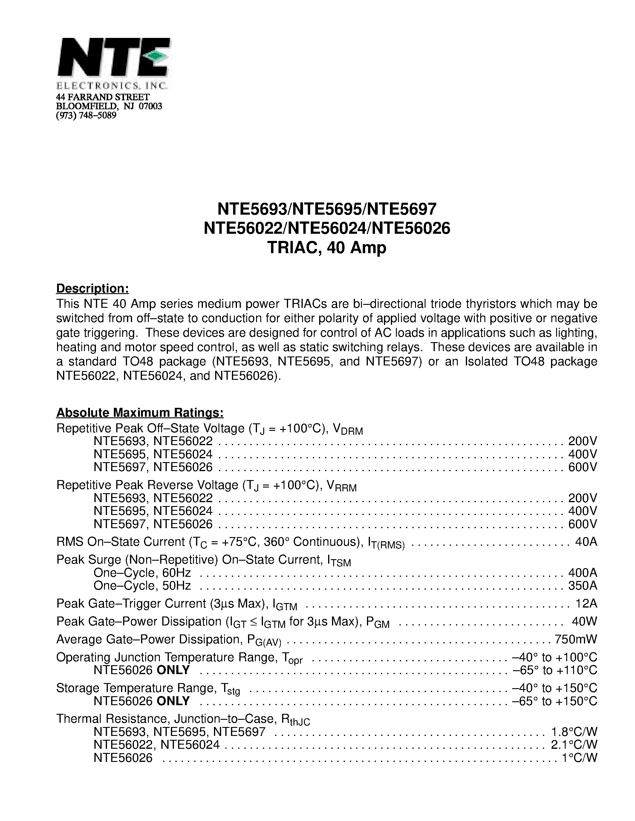 Datasheet NTE56024 page 1 Datasheet NTE56024 - TRIAC / 40 Amp page 1
