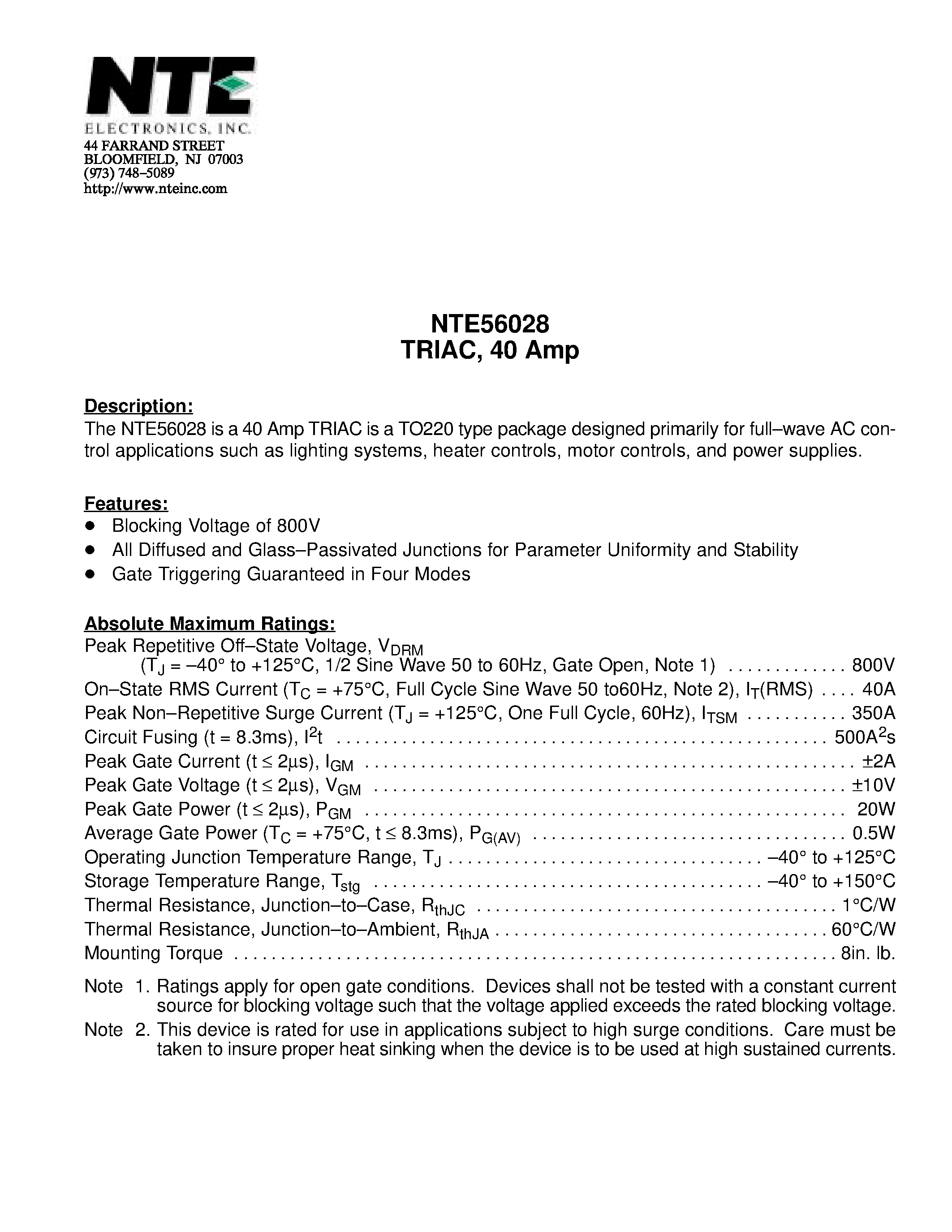 Datasheet NTE56028 - TRIAC / 40 Amp page 1