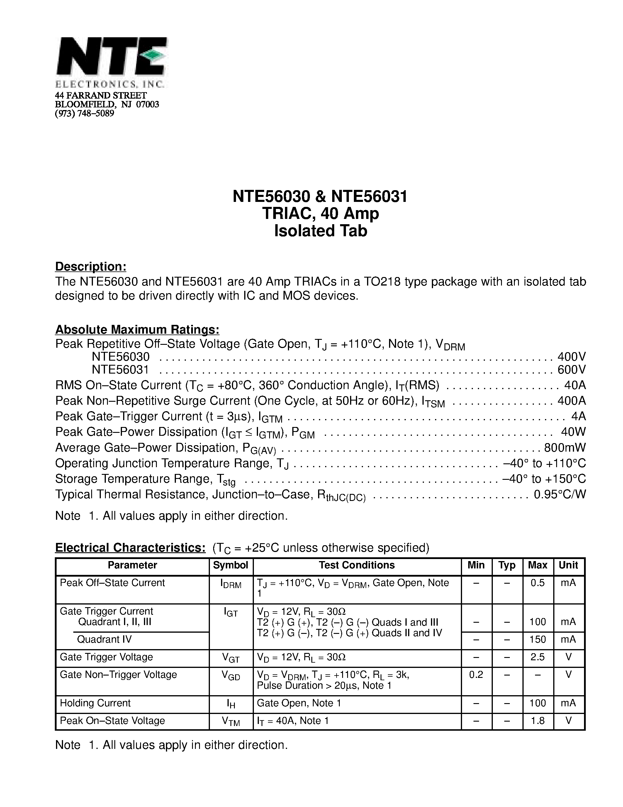Datasheet NTE56030 - TRIAC / 40 Amp Isolated Tab page 1