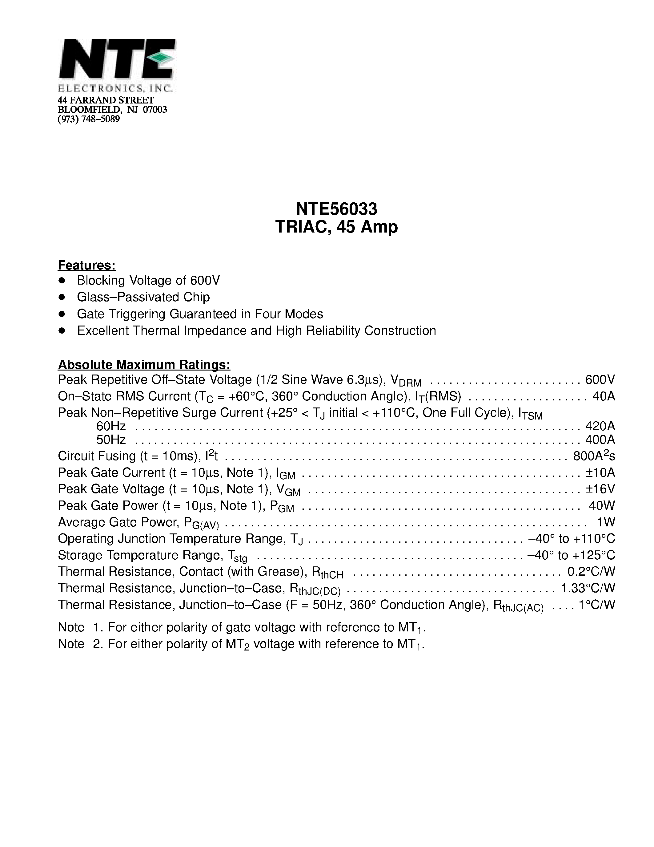 Datasheet NTE56033 - TRIAC / 45 Amp page 1