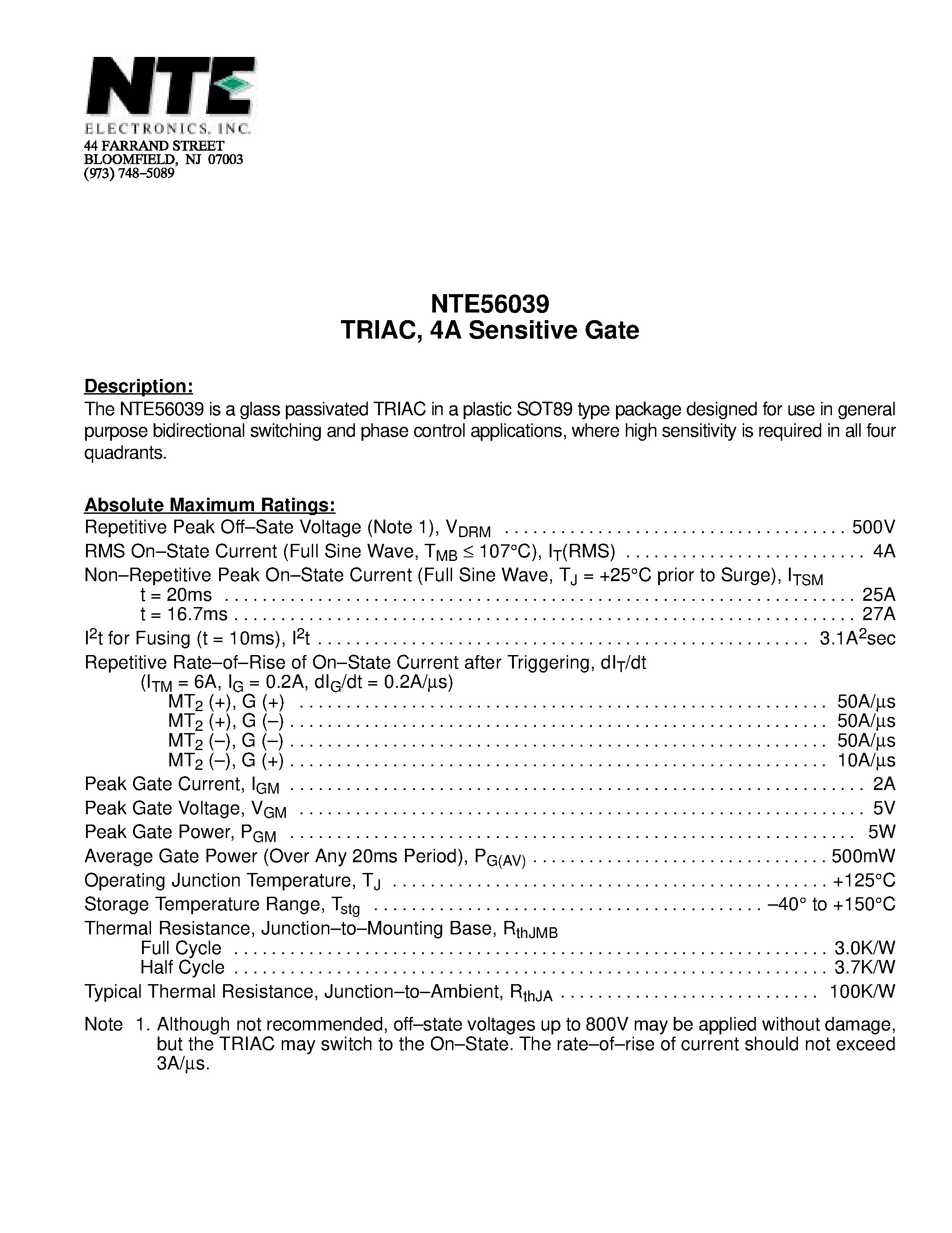 Datasheet NTE56039 - TRIAC / 4A Sensitive Gate page 1