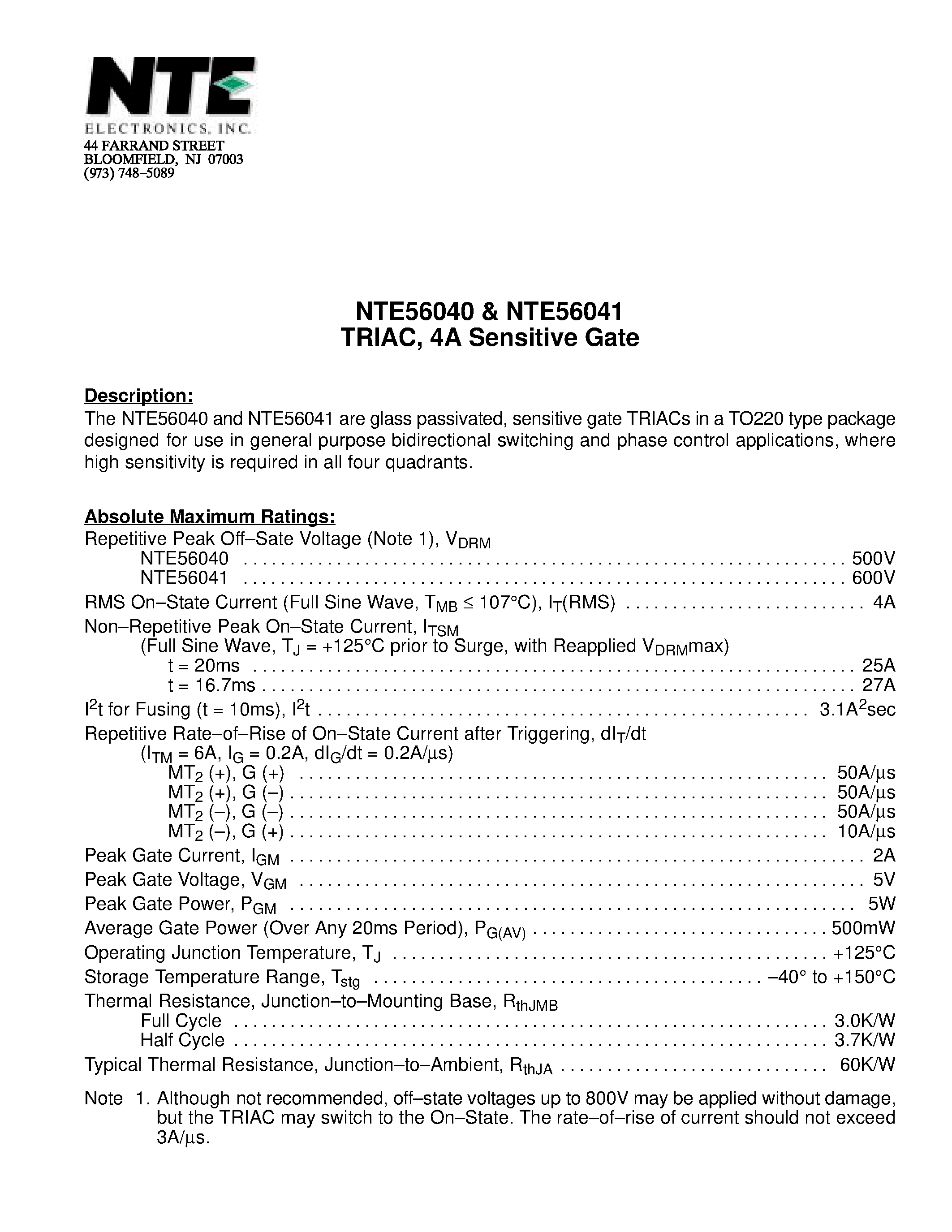 Datasheet NTE56041 - TRIAC / 4A Sensitive Gate page 1