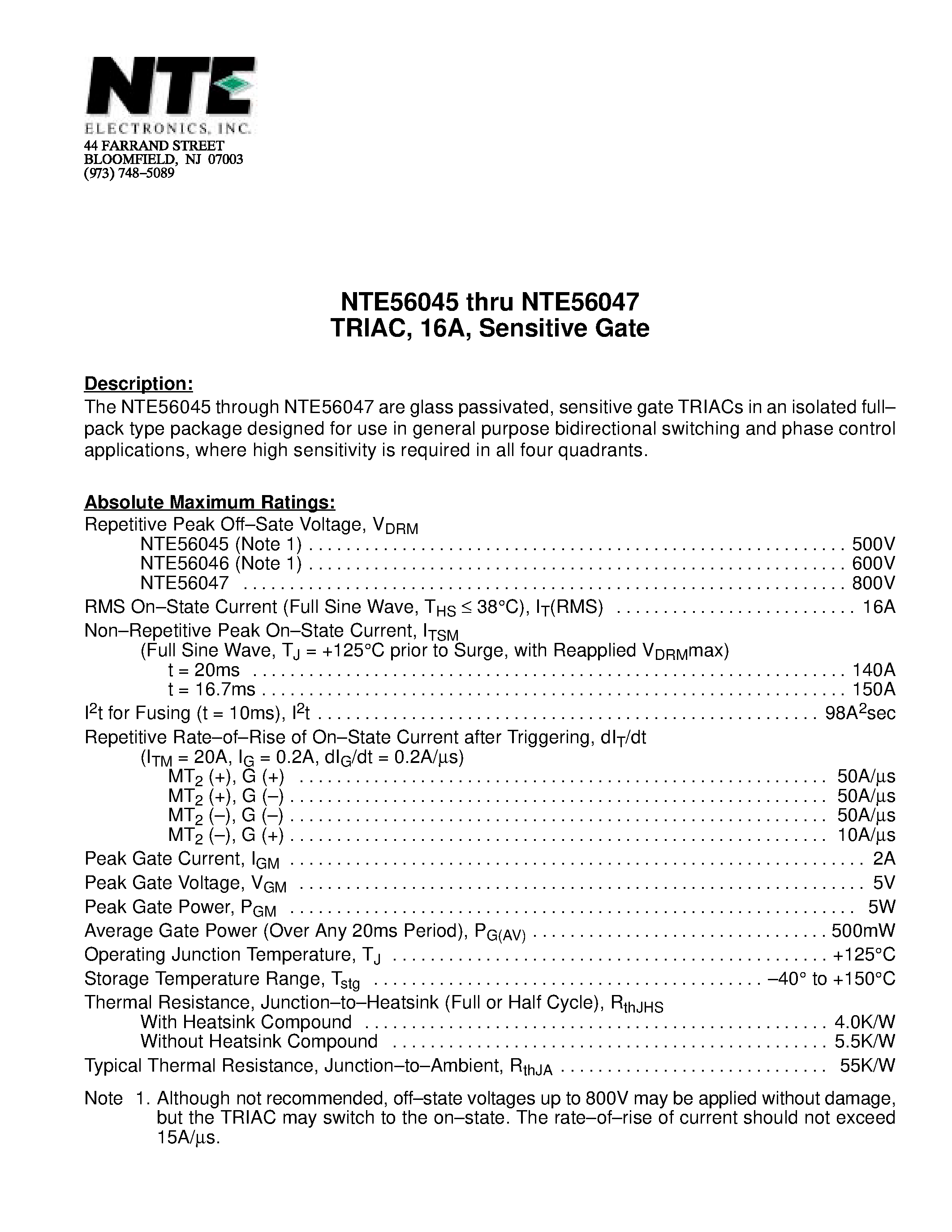 Datasheet NTE56045 - TRIAC / 16A / Sensitive Gate page 1