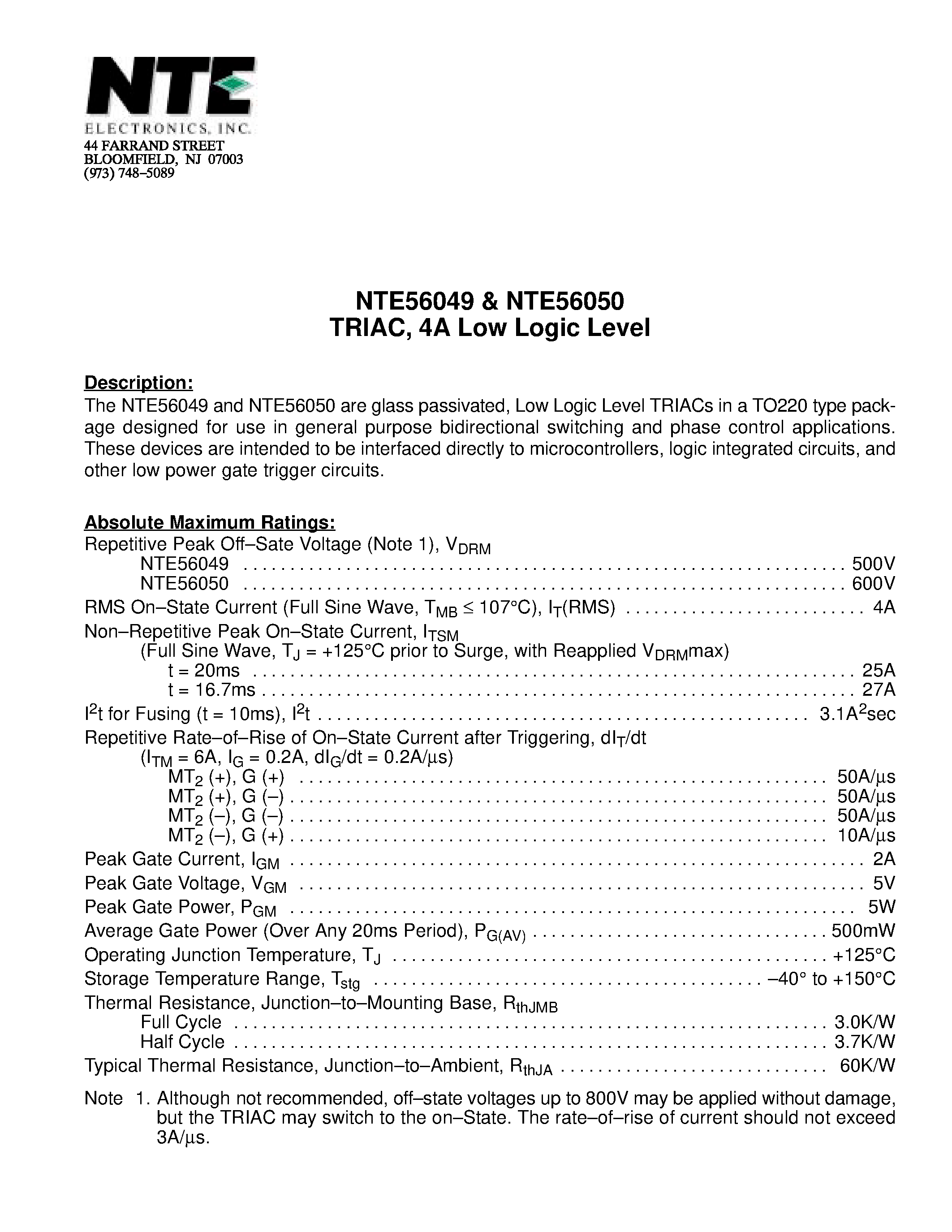 Datasheet NTE56050 - TRIAC / 4A Low Logic Level page 1