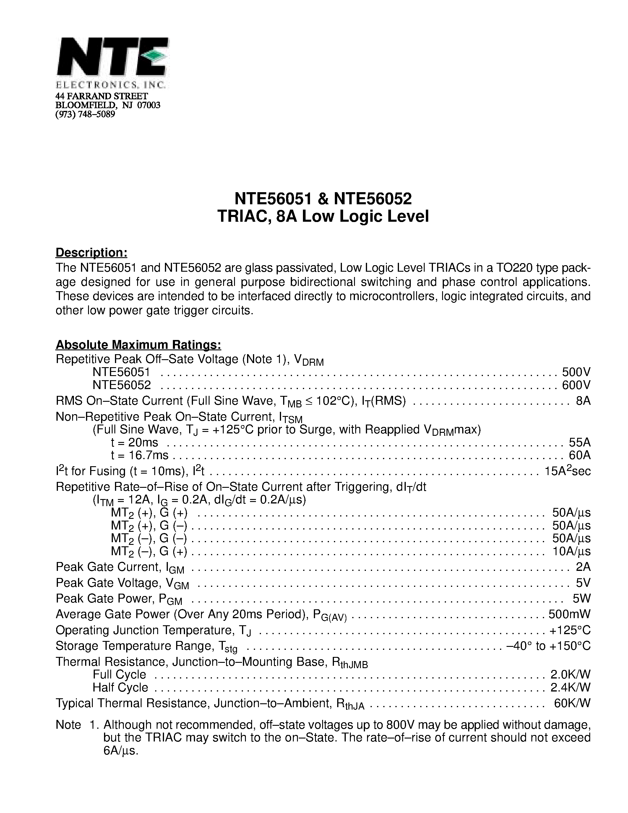 Datasheet NTE56052 - TRIAC / 8A Low Logic Level page 1