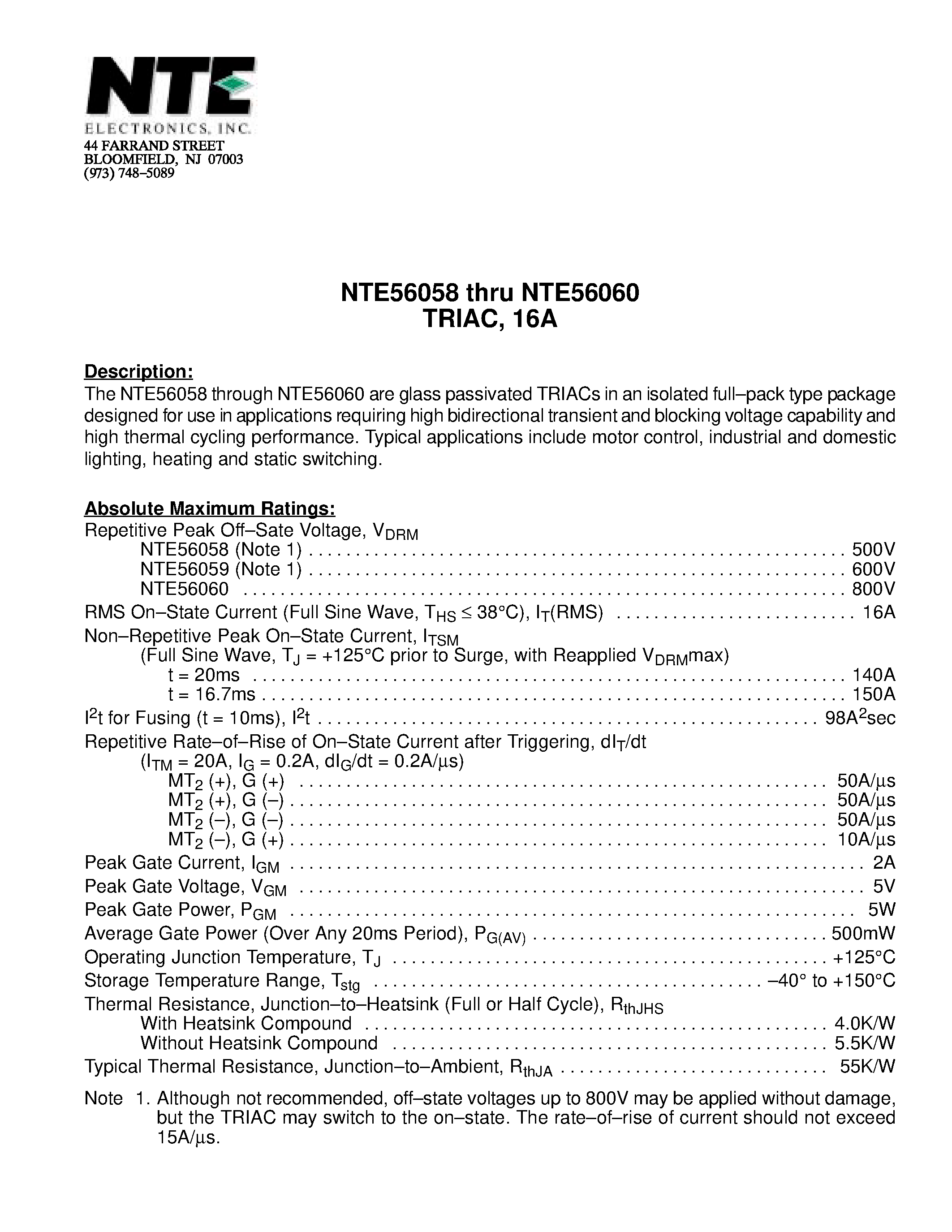 Datasheet NTE56060 - TRIAC / 16A page 1