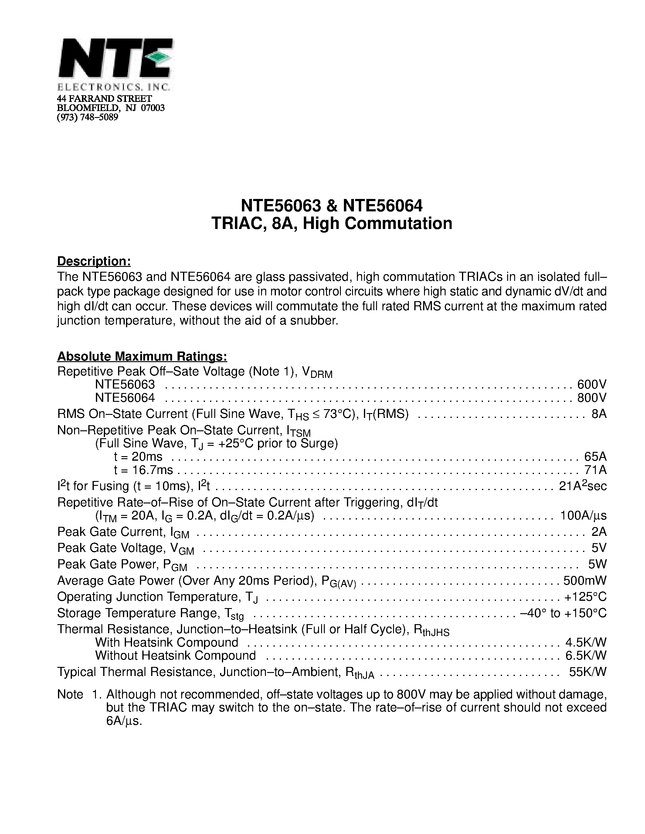 Datasheet NTE56063 - TRIAC / 8A / High Commutation page 1