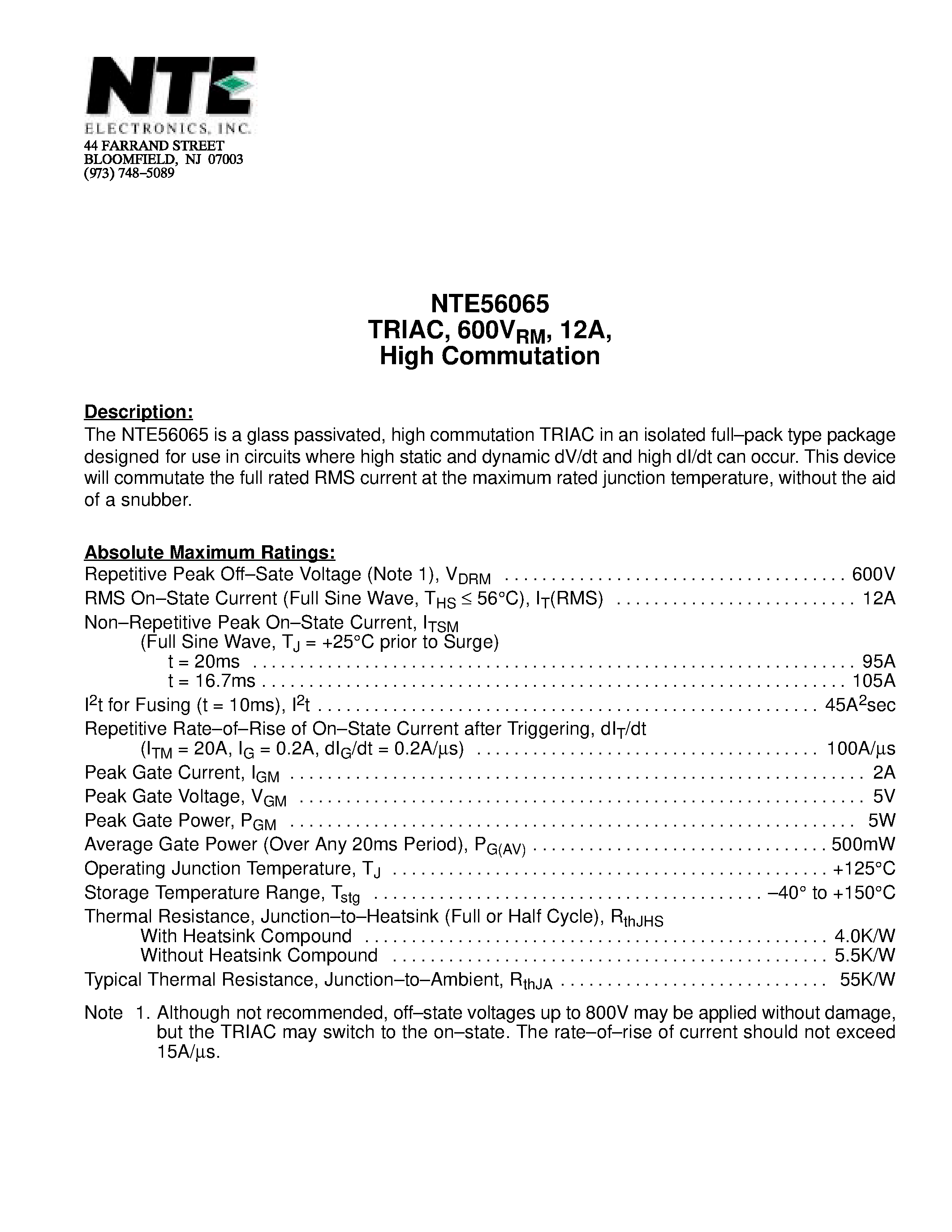 Datasheet NTE56065 - TRIAC / 600VRM / 12A / High Commutation page 1