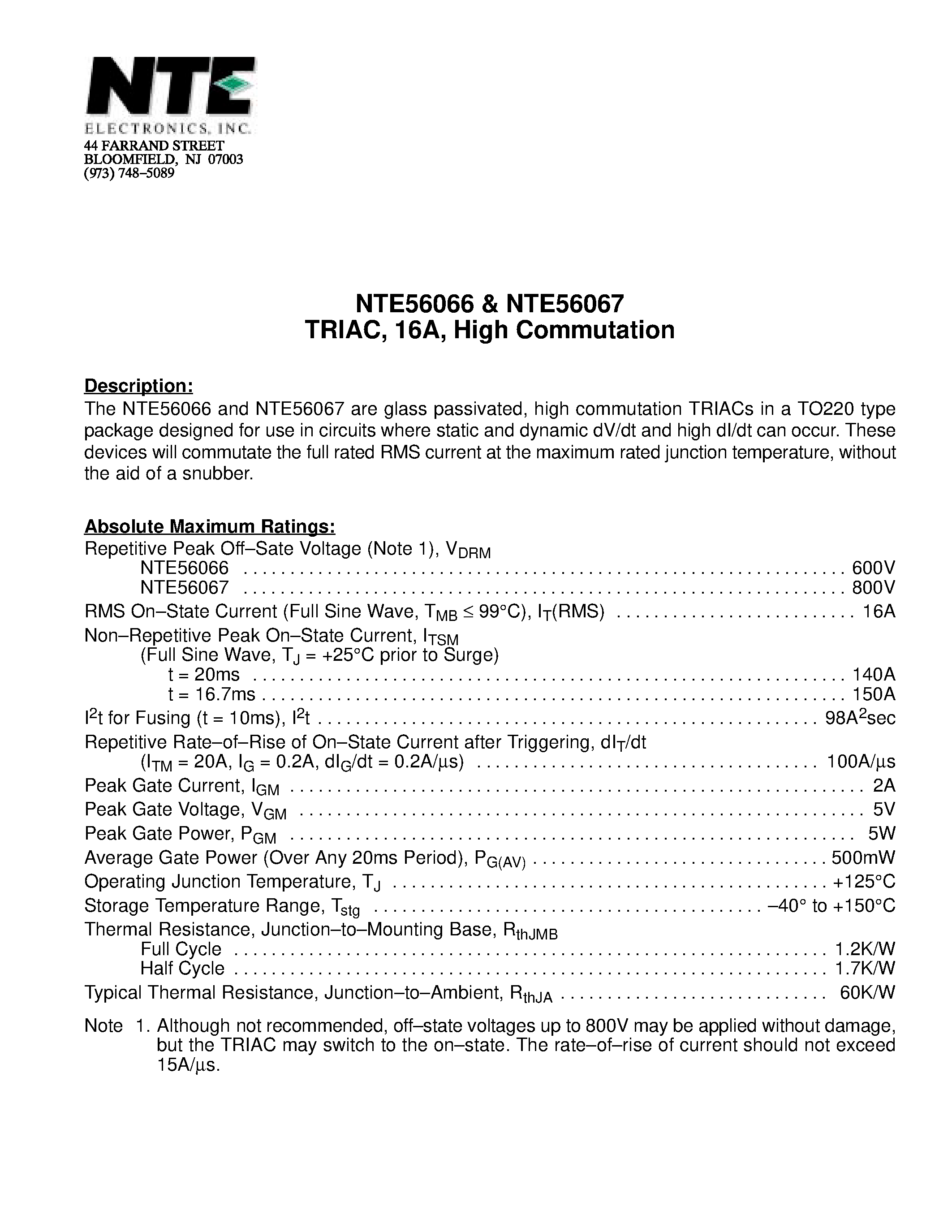 Datasheet NTE56066 - TRIAC / 16A / High Commutation page 1