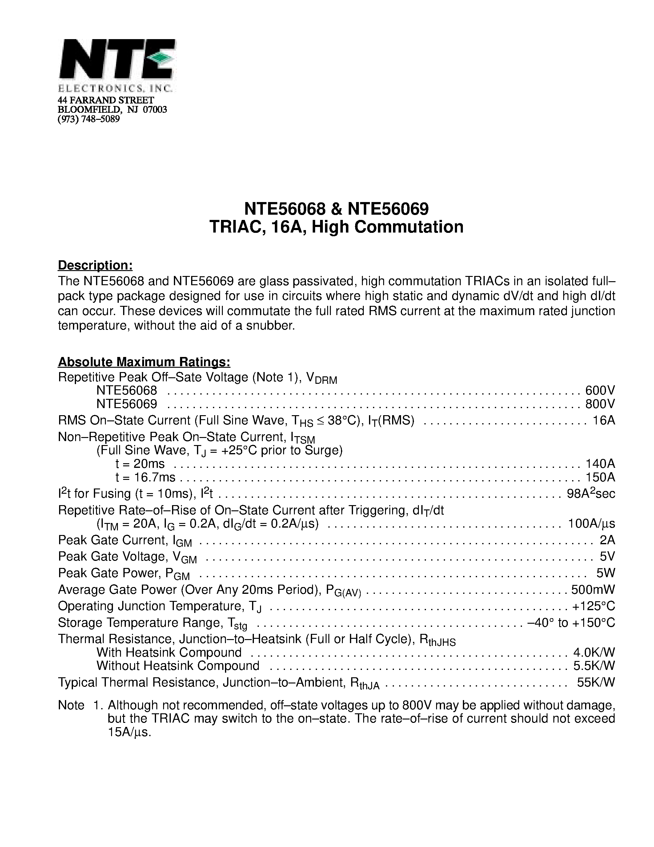 Datasheet NTE56068 - TRIAC / 16A / High Commutation page 1