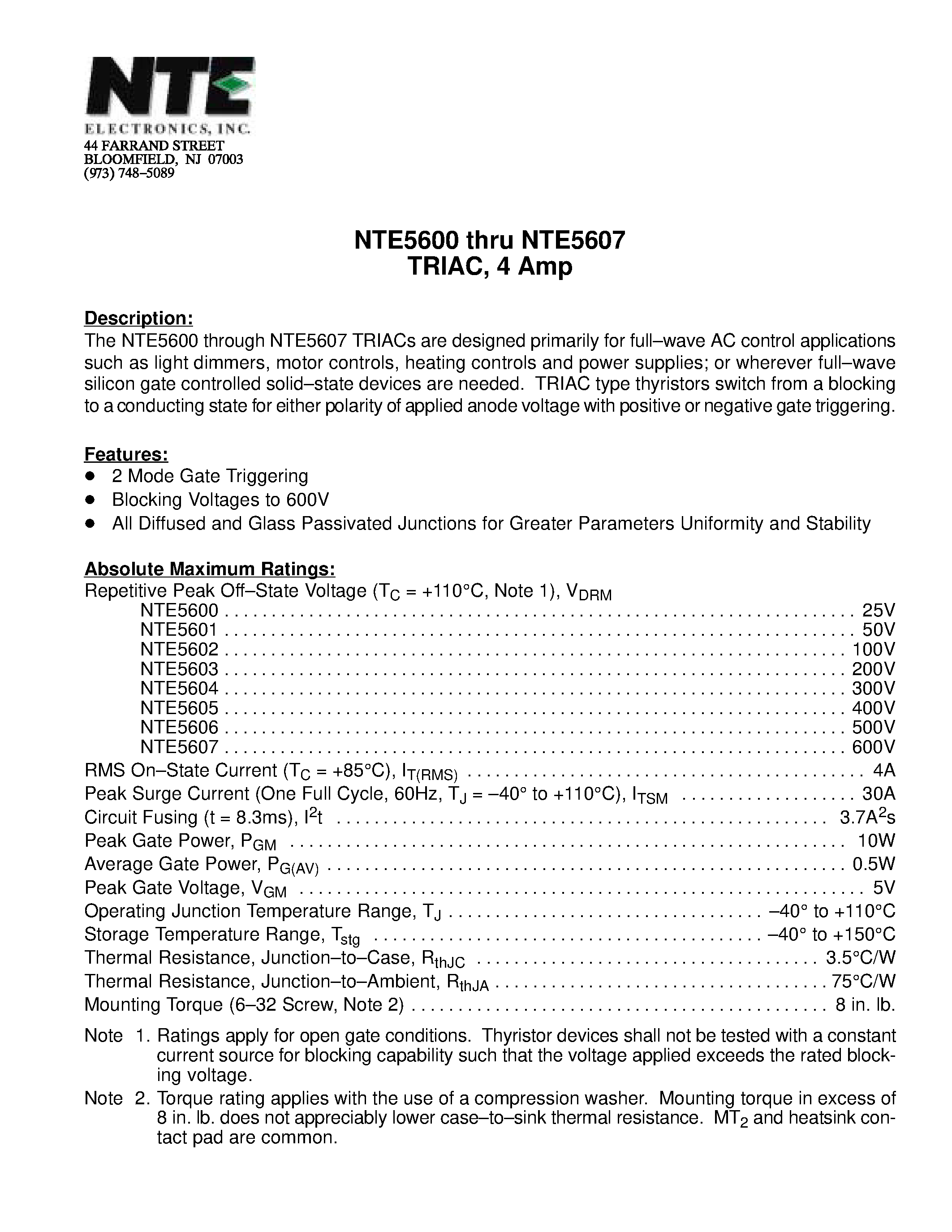 Datasheet NTE5607 - TRIAC / 4 Amp page 1