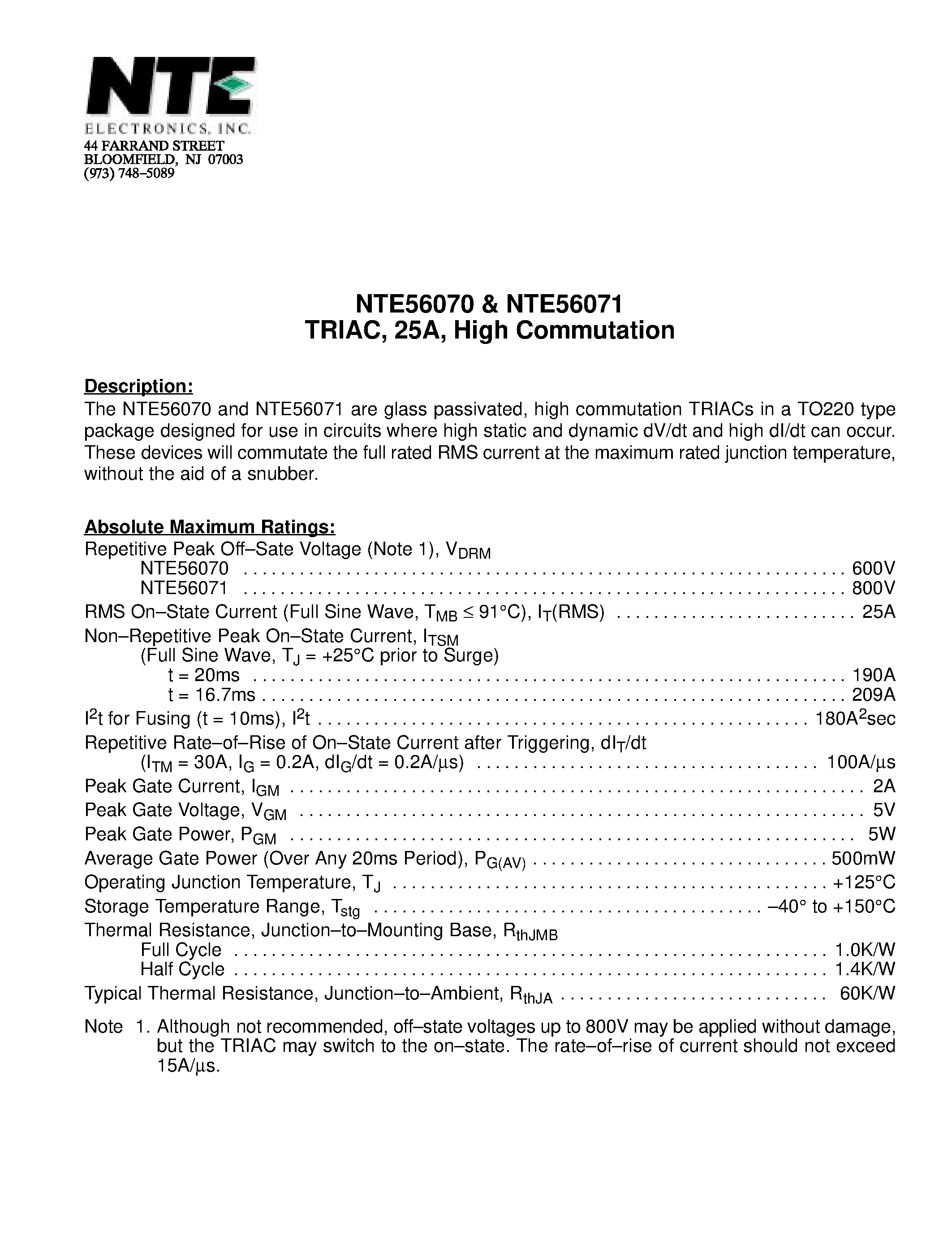 Datasheet NTE56070 - TRIAC / 25A / High Commutation page 1