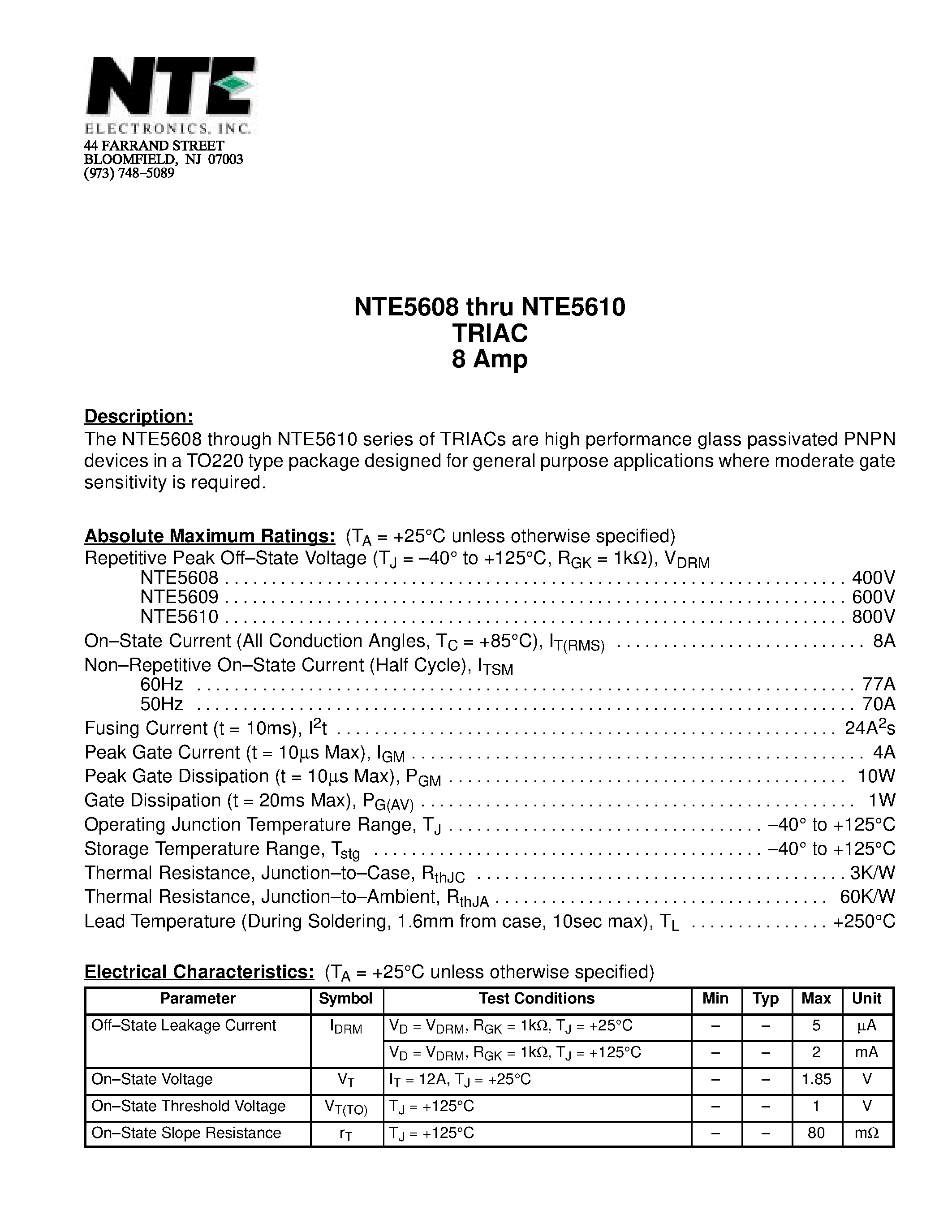 Datasheet NTE5610 - TRIAC 8 Amp page 1