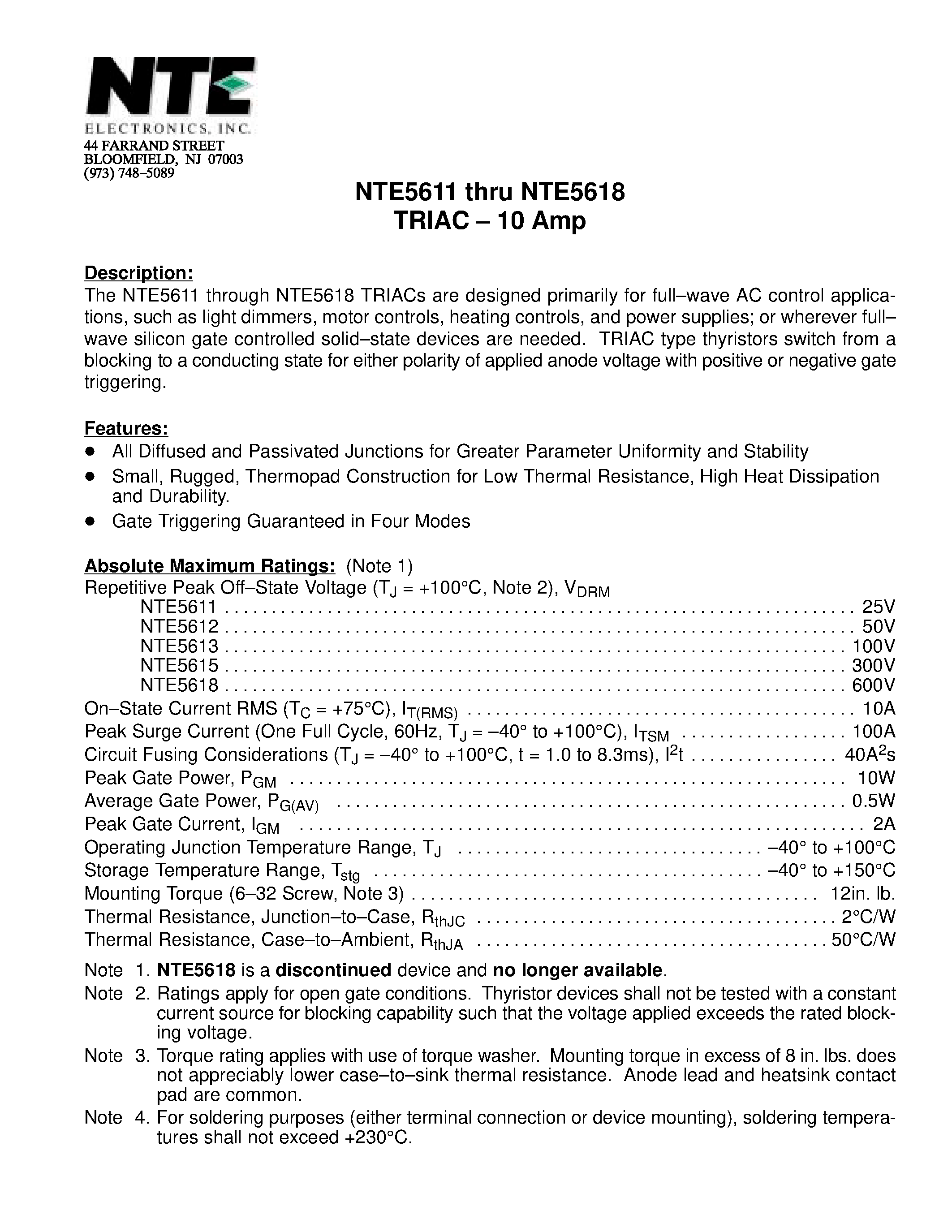Datasheet NTE5611 - TRIAC - 10 Amp page 1