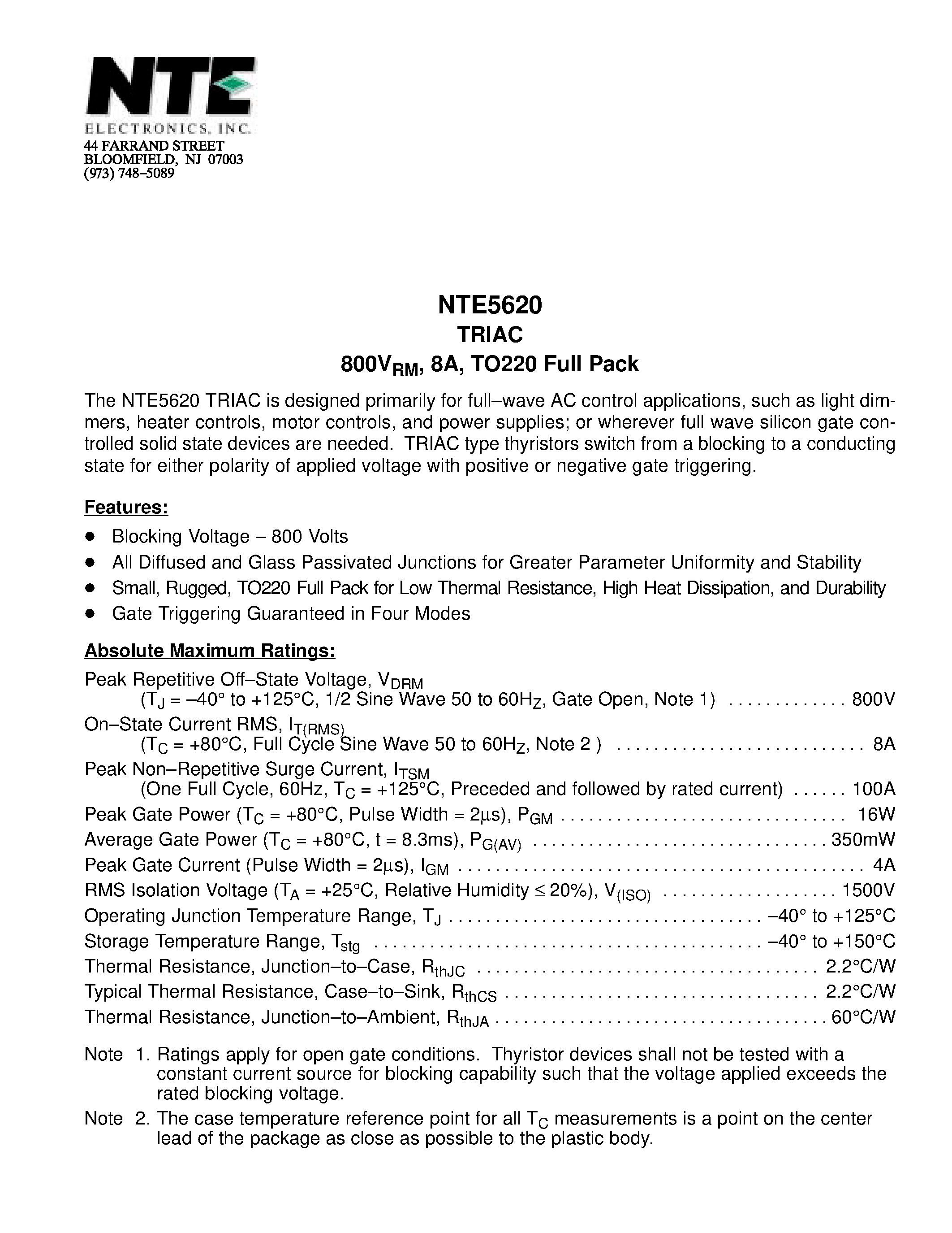 Datasheet NTE5620 - TRIAC 800VRM / 8A / TO220 Full Pack page 1