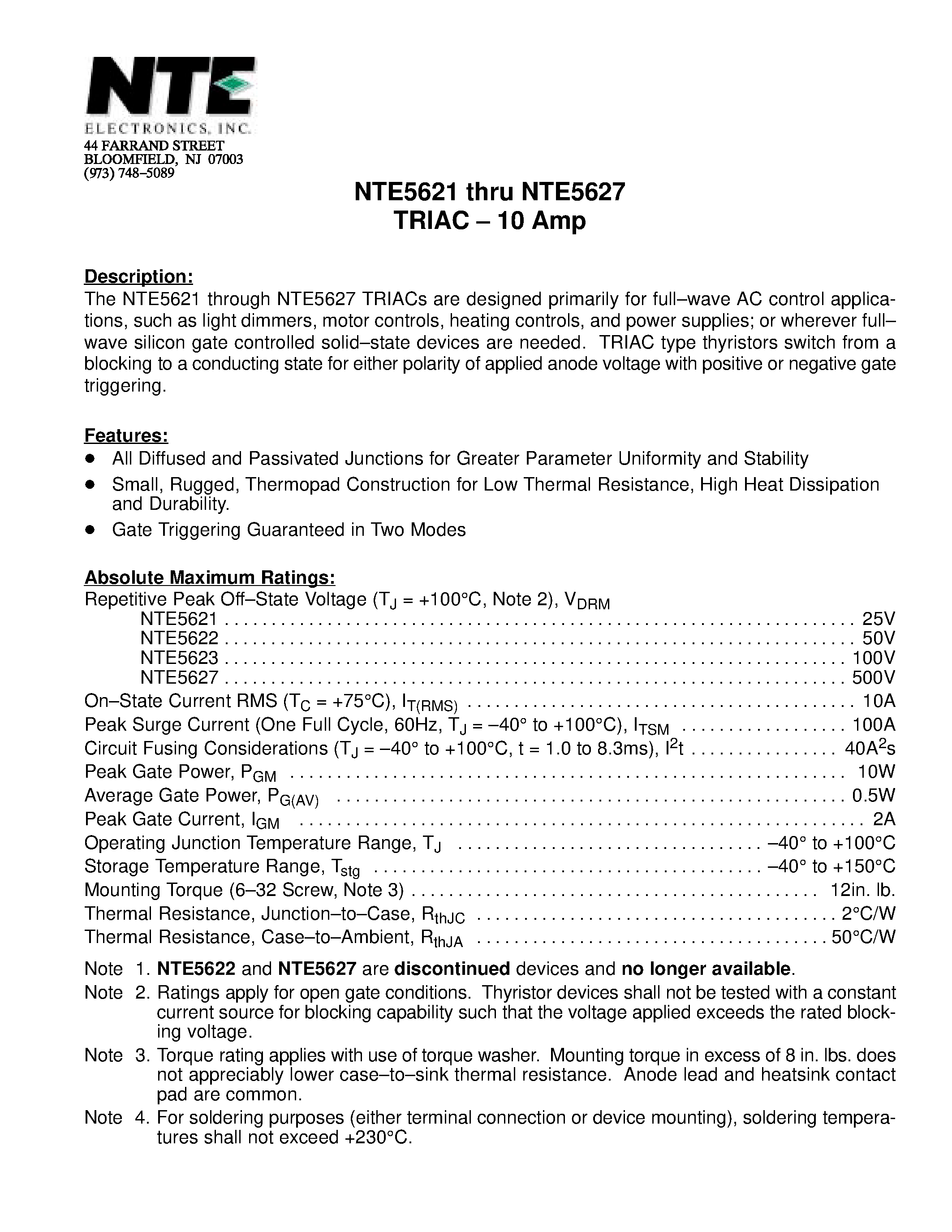 Datasheet NTE5627 - TRIAC - 10 Amp page 1