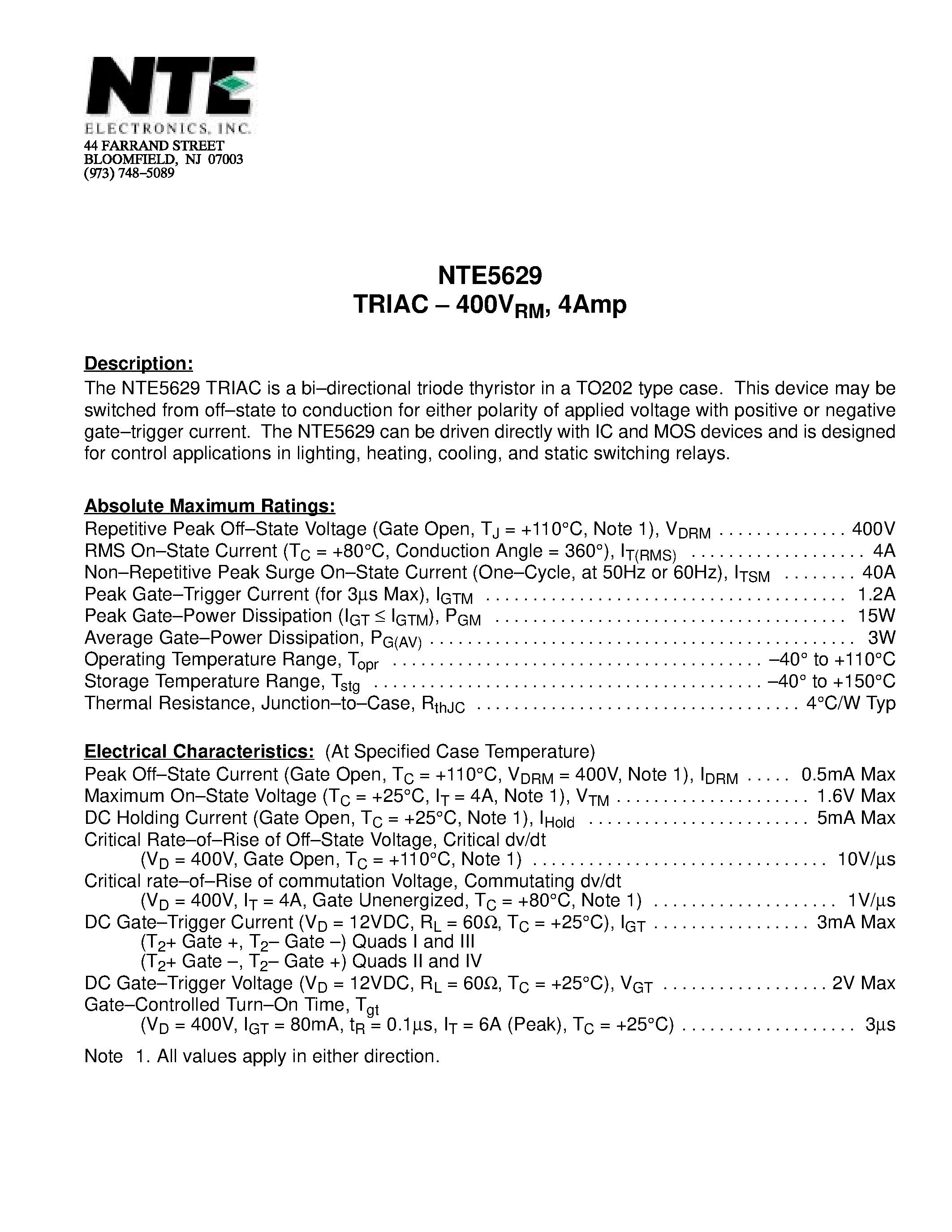 Datasheet NTE5629 - TRIAC - 400VRM / 4Amp page 1