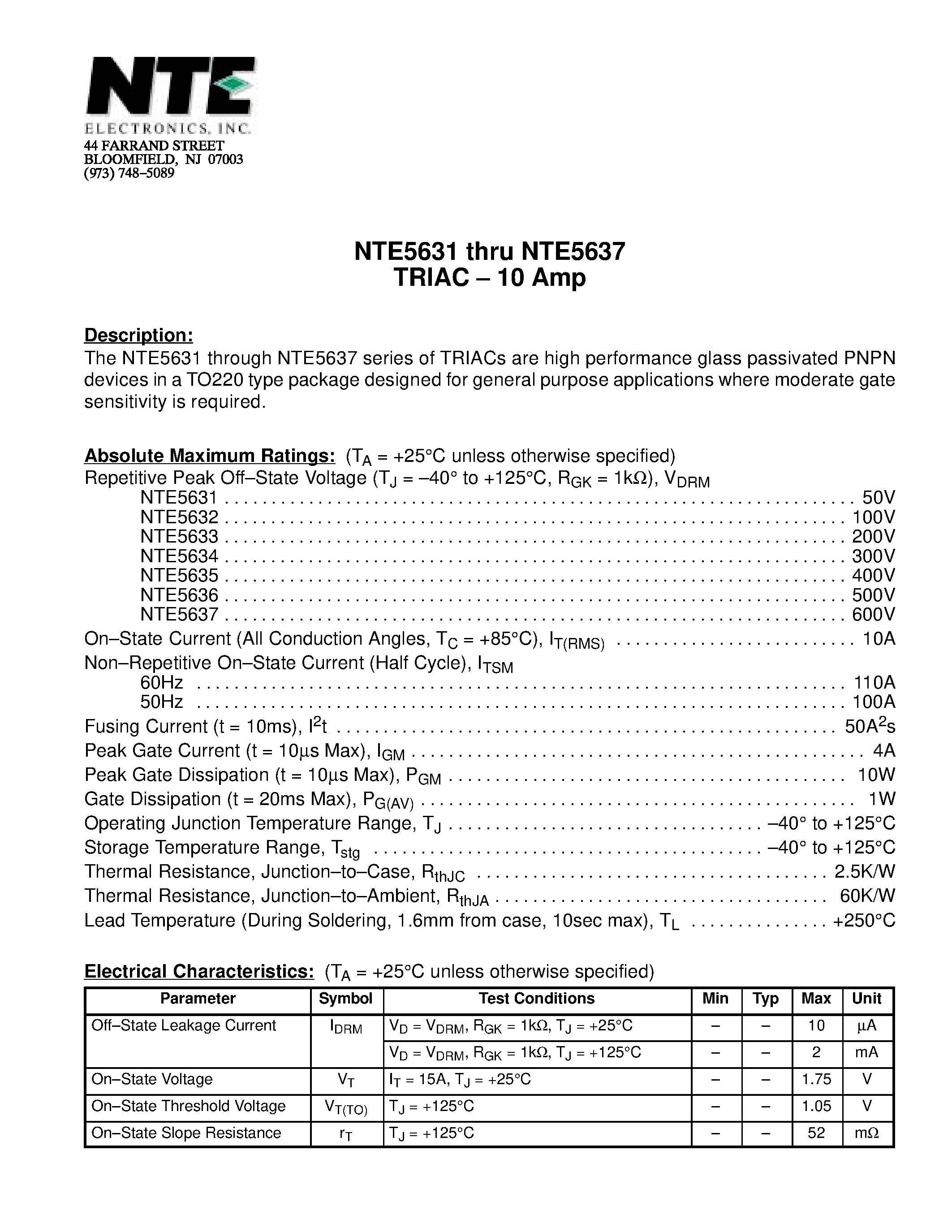 Datasheet NTE5637 - TRIAC - 10 Amp page 1