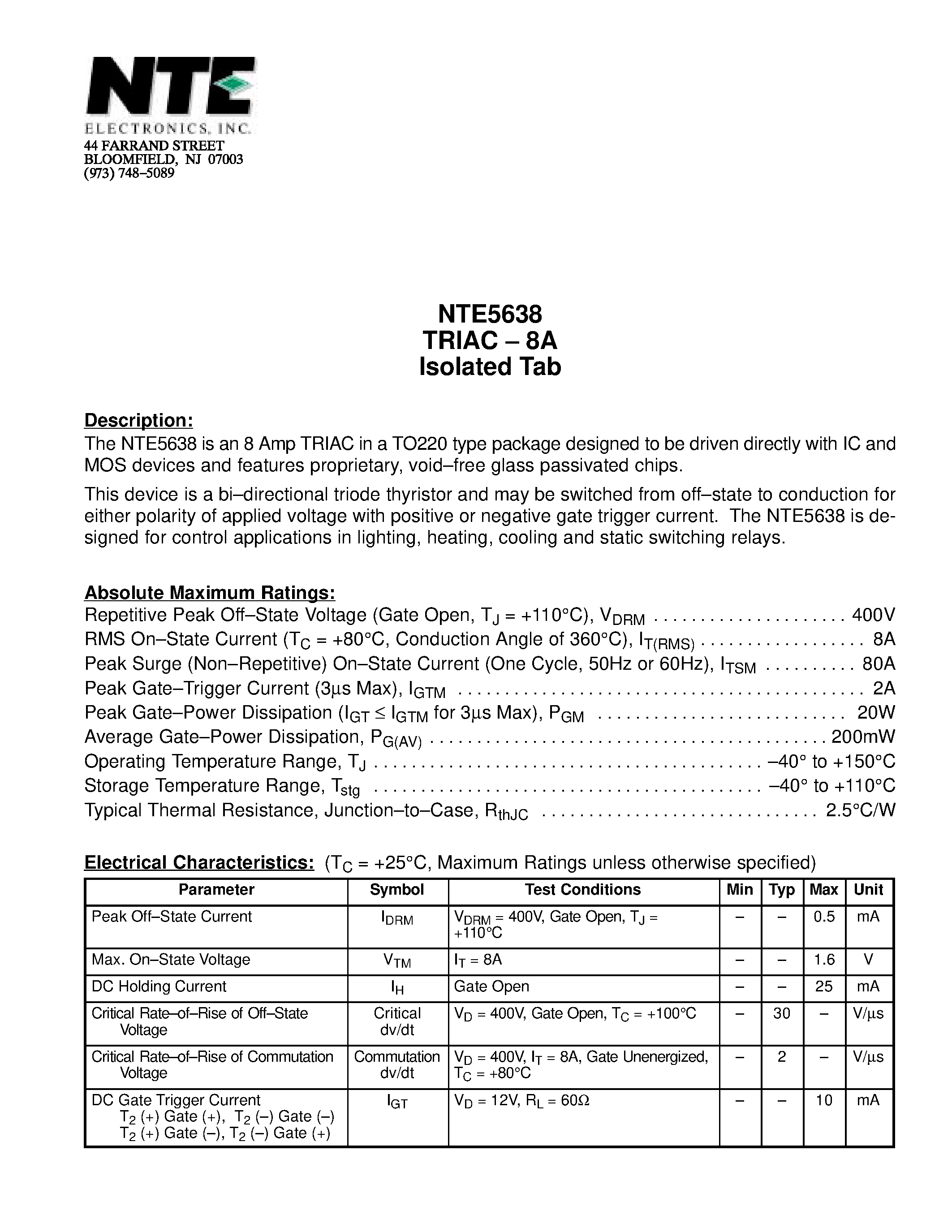 Datasheet NTE5638 - TRIAC - 8A Isolated Tab page 1