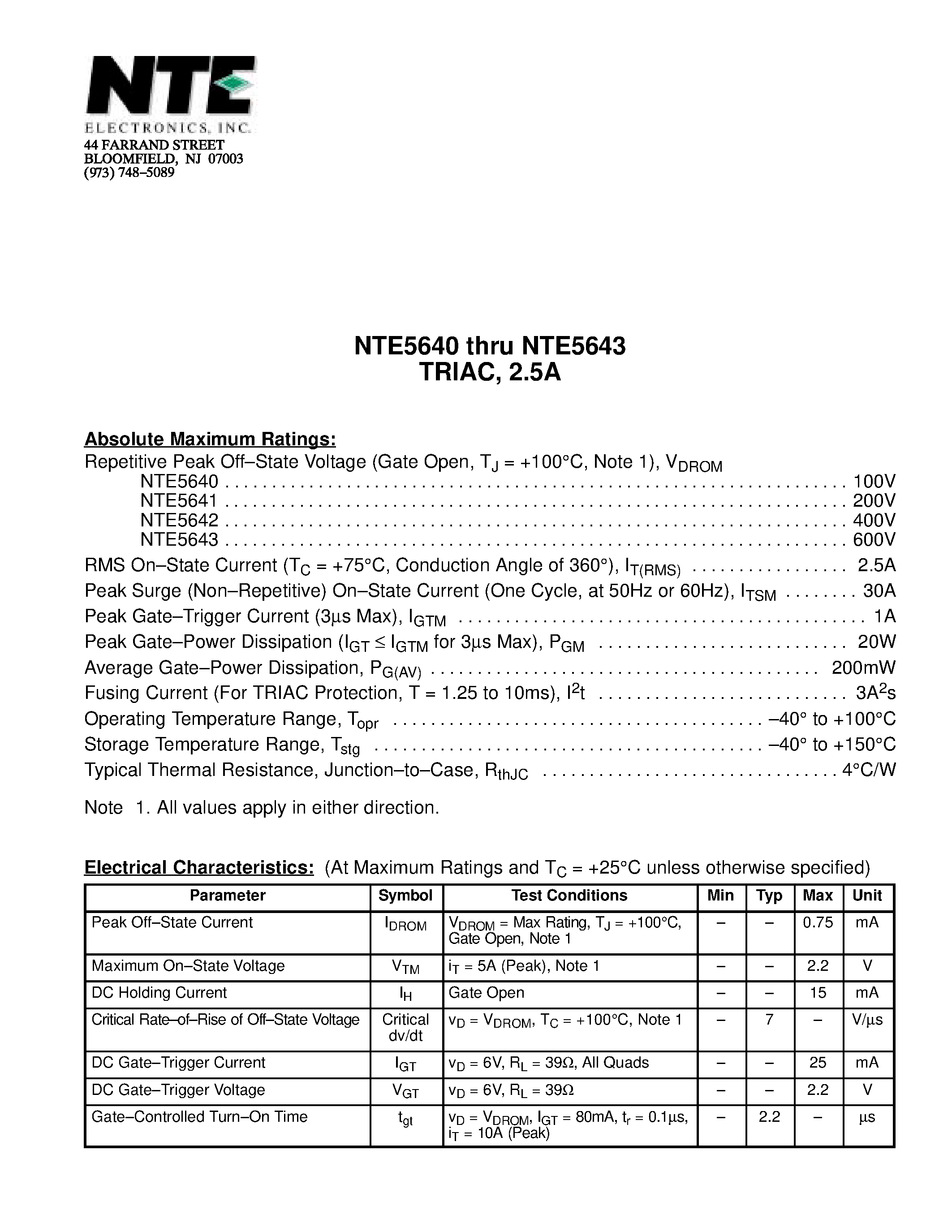 Datasheet NTE5640 - TRIAC / 2.5A page 1