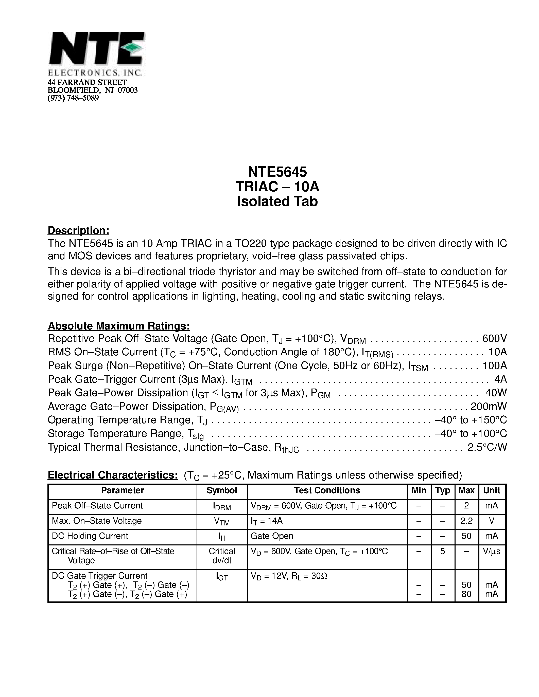 Datasheet NTE5645 - TRIAC - 10A Isolated Tab page 1