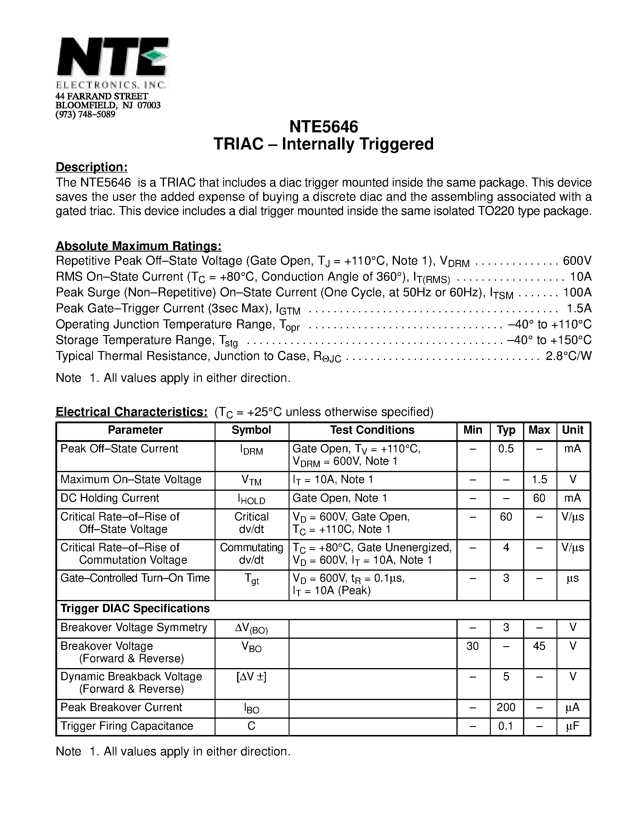 Datasheet NTE5646 - TRIAC - Internally Triggered page 1