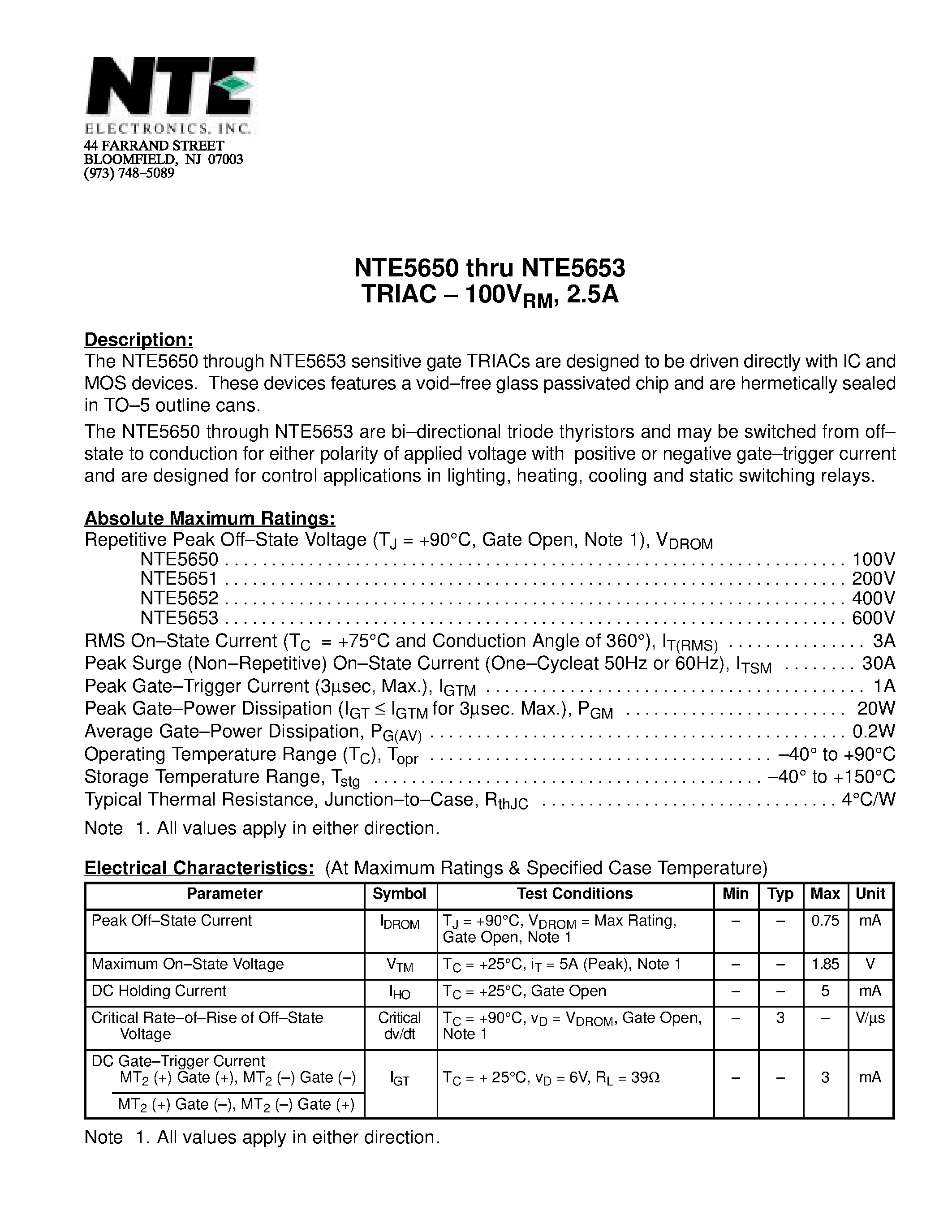 Datasheet NTE5650 - TRIAC - 100VRM / 2.5A page 1